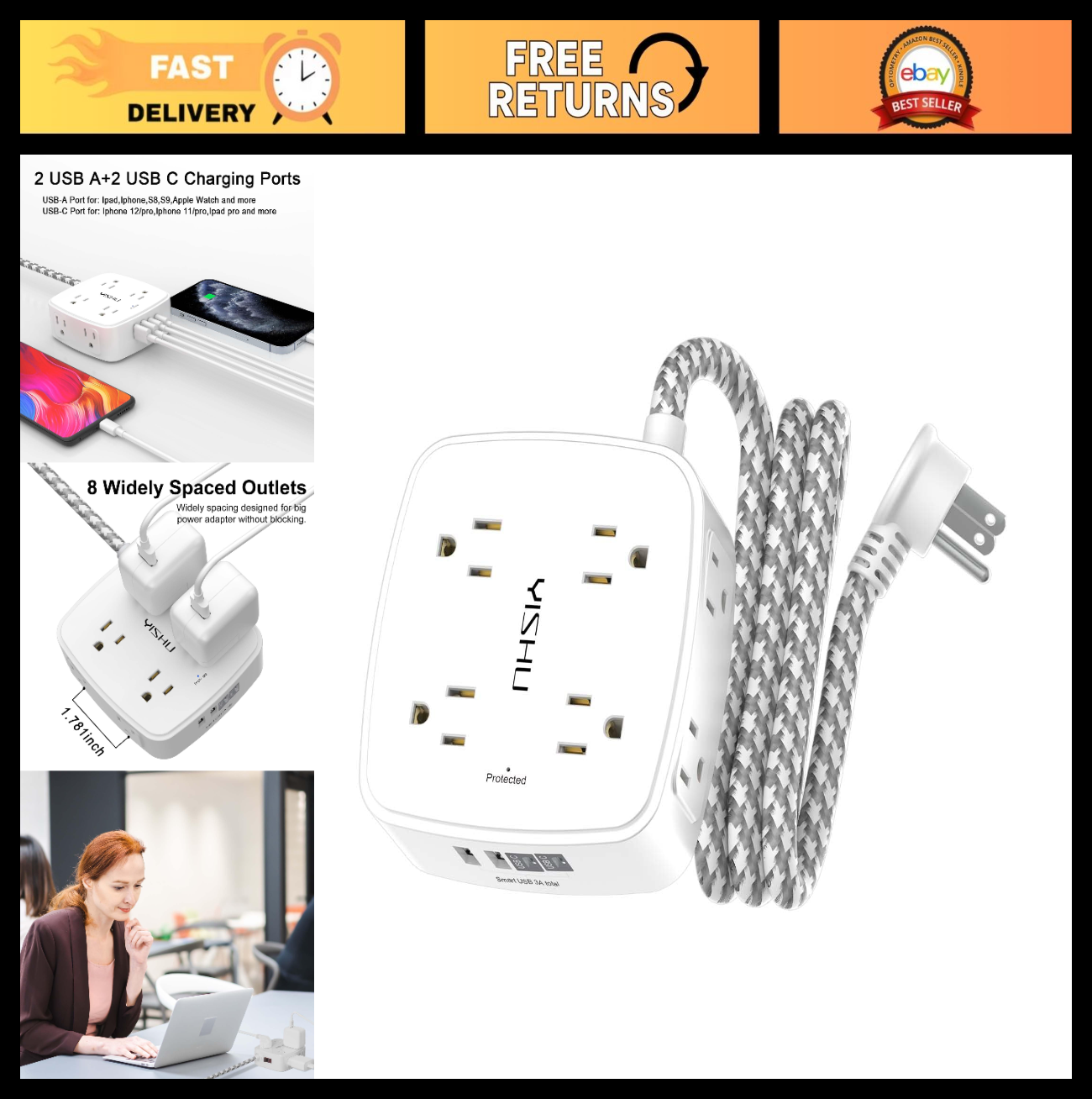 8 Outlet Surge Protector Power Strip with 4 USB Ports, 5Ft Braided Cord, Flat Pl0