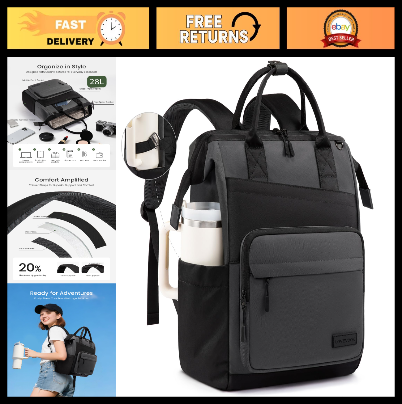 Stylish 15.6" Laptop Backpack for Women   Water Resistant Travel Bag, Large Capa0