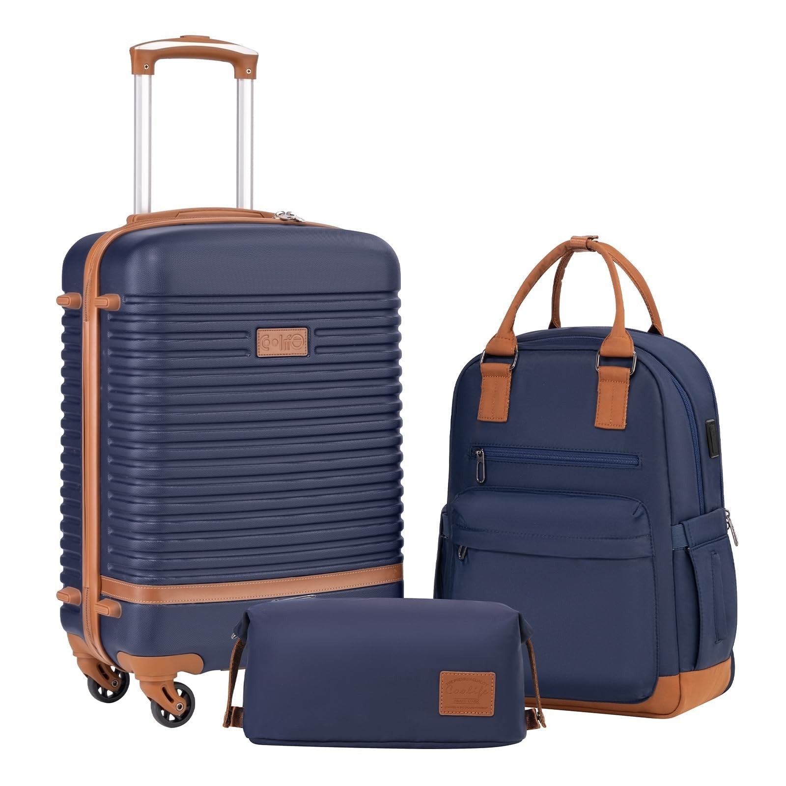 3-Piece Carry-On Luggage Set, Navy - 360° Spinner Wheels, USB Pockets, Lightweig1