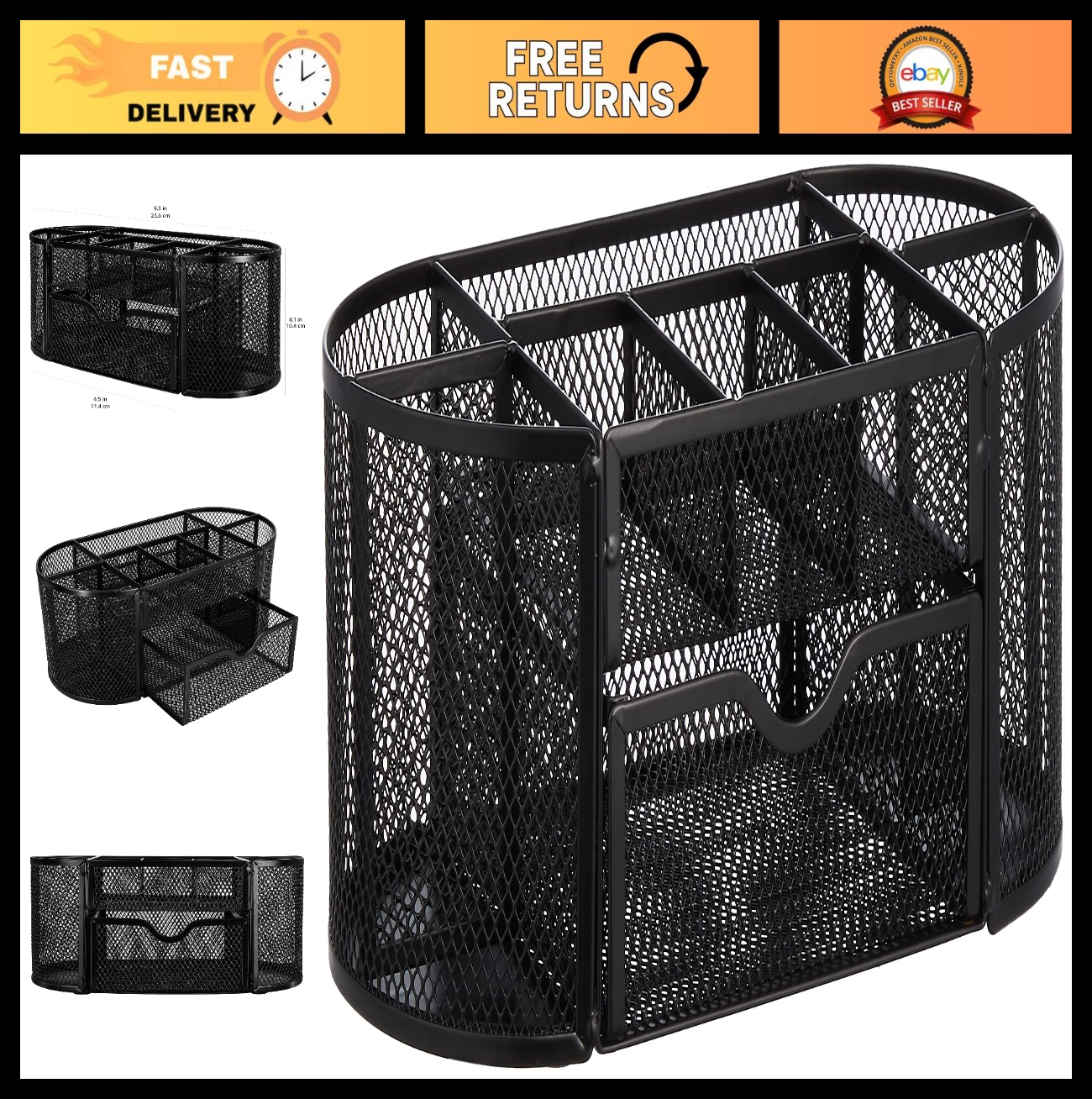 Mesh Desk Organizer with Pen Holder, Pullout Drawer, Office Caddy   Black 9.25"x0