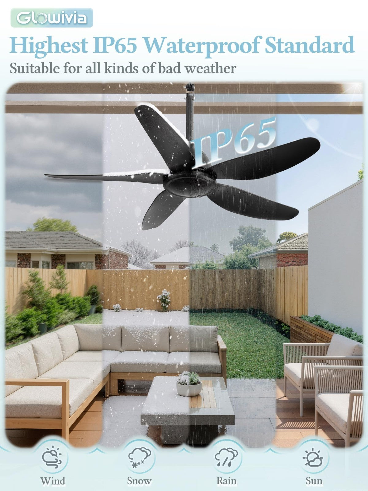 46" Waterproof Outdoor Ceiling Fan, Remote & APP Control, 6 Speeds, Reversible D1