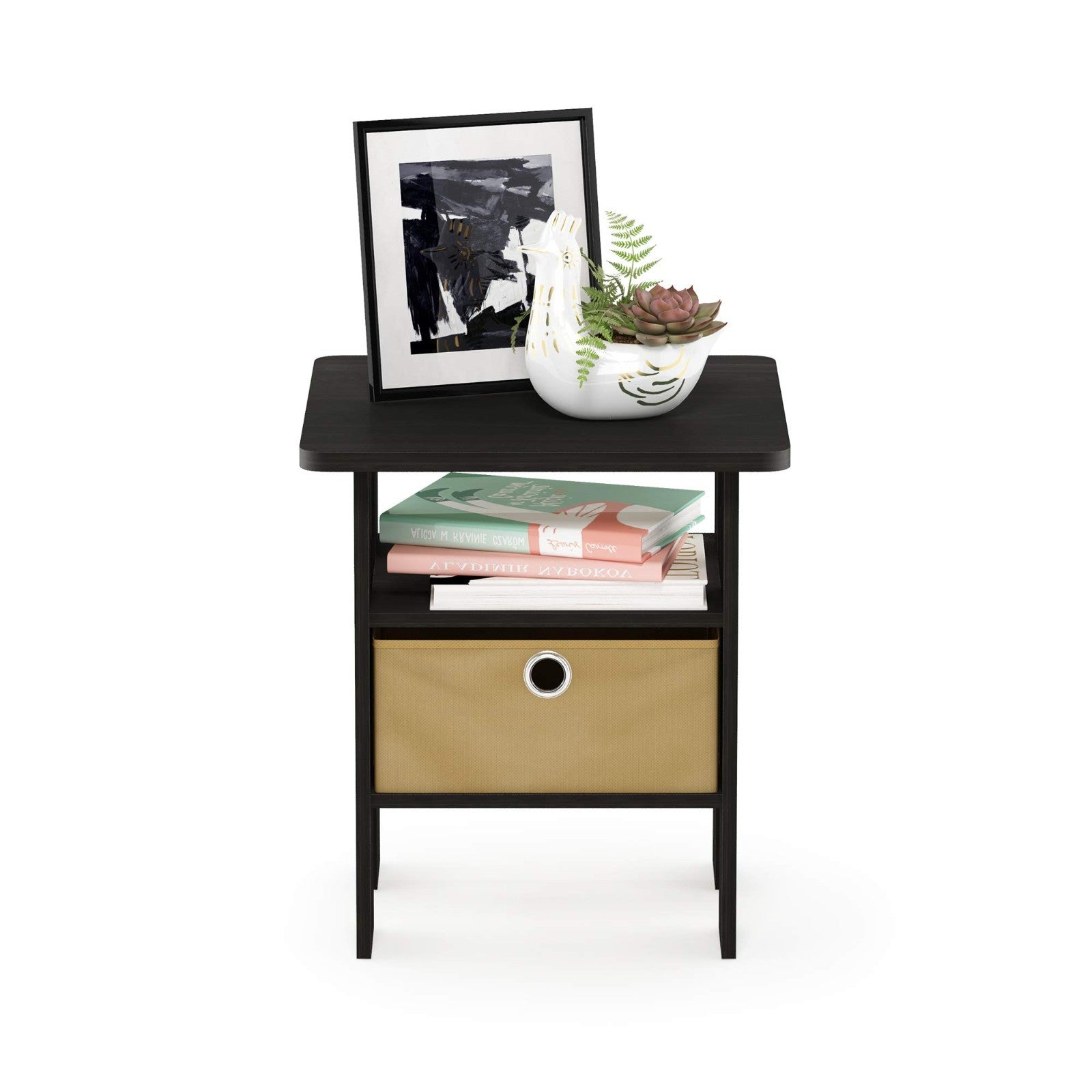 Stylish Side Table with Open Shelves & Storage Bin - Nightstand for Bedroom & Li5