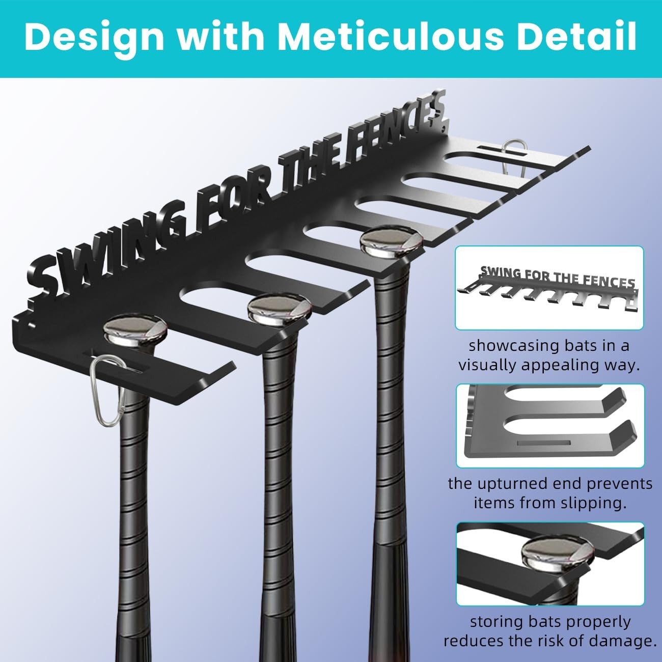 Heavy Duty Baseball Bat Storage Rack   Wall Mount Organizer for 14 Bats, Hooks I4