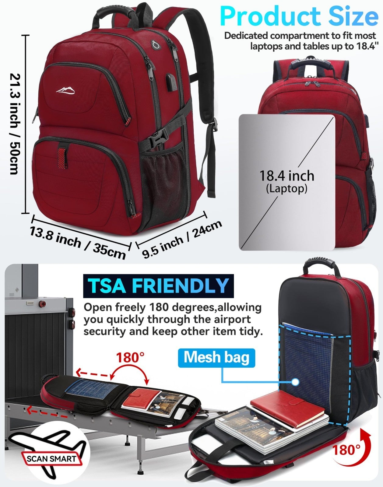 Extra Large Anti Theft Travel Backpack for 18.4" Laptop, USB Charging, College &2