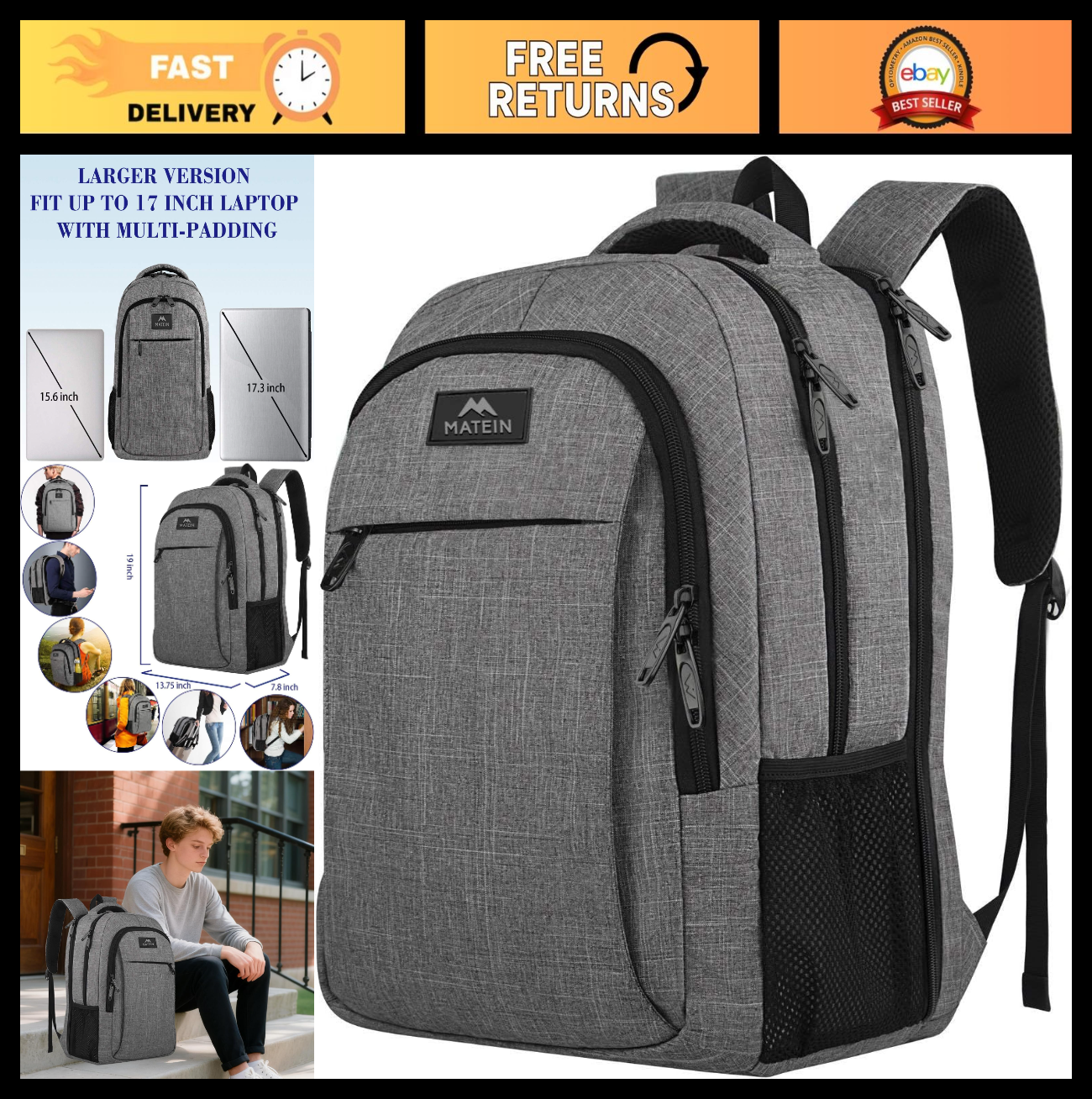 17" TSA Friendly Travel Laptop Backpack   Grey, Unisex, Water Resistant, Durable0