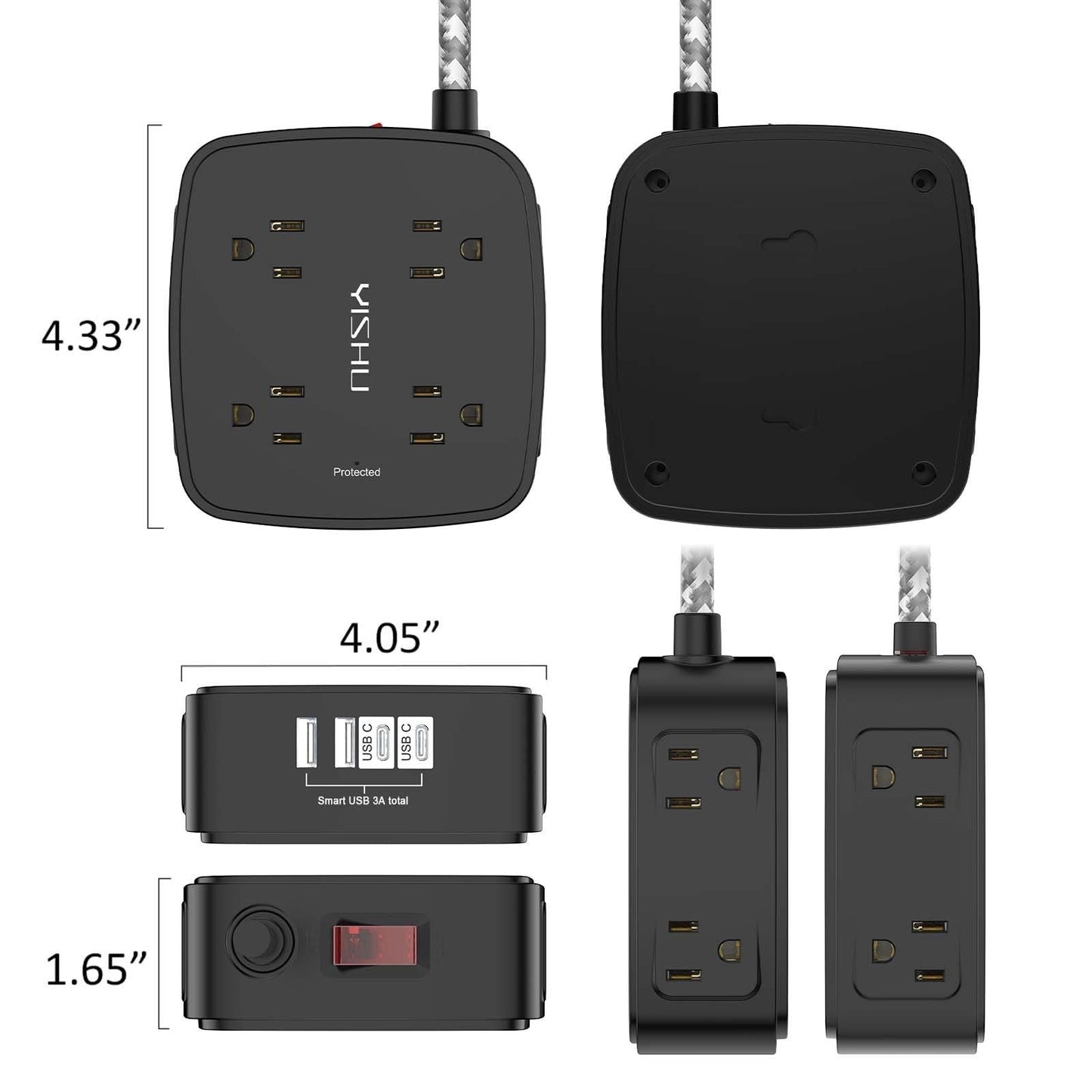 8 Outlet Surge Protector Power Strip with 4 USB Ports, 6ft Braided Cord, Flat Pl6