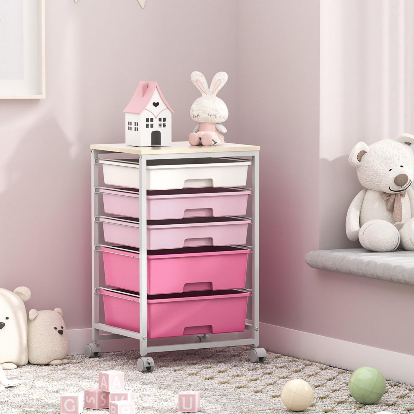 5 Drawer Utility Cart with Wooden Top, Rolling Craft Trolley, Lockable Wheels, P8