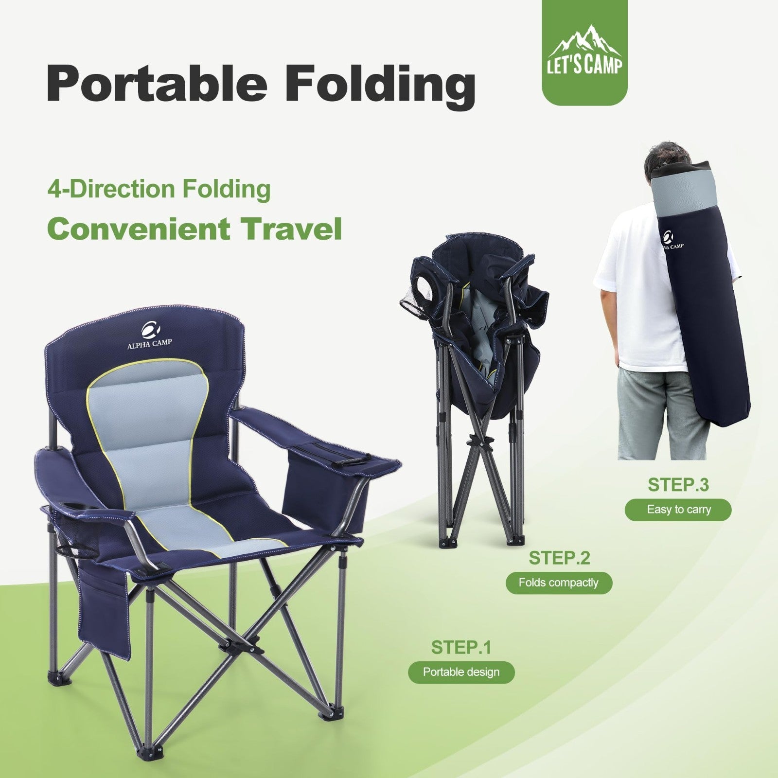 Oversized Portable Camping Chair - Heavy Duty Padded, 450LBS Support, 2 Pack, Bl8