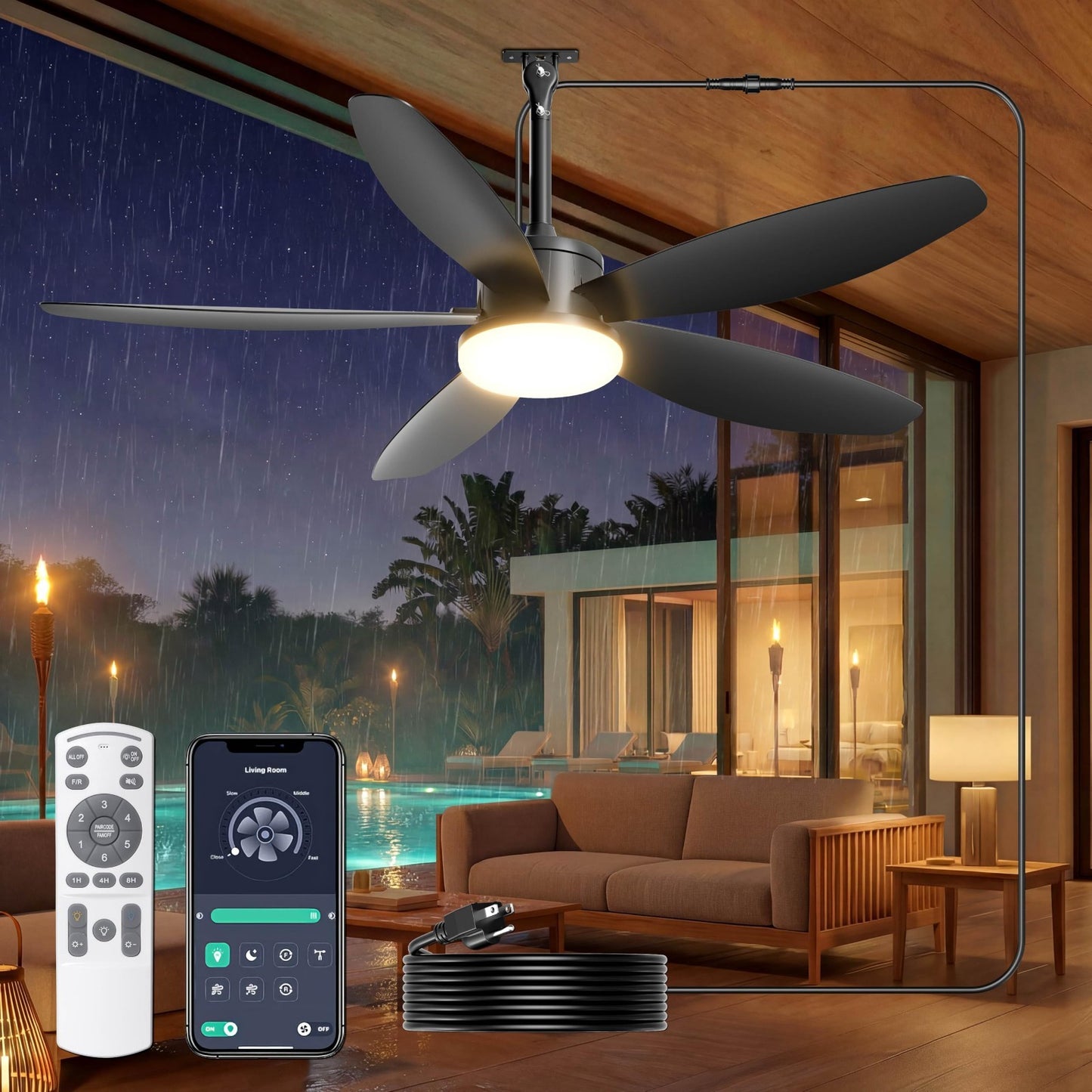 42" Waterproof Outdoor Ceiling Fan with Lights, Remote Control, Quiet DC Motor,0