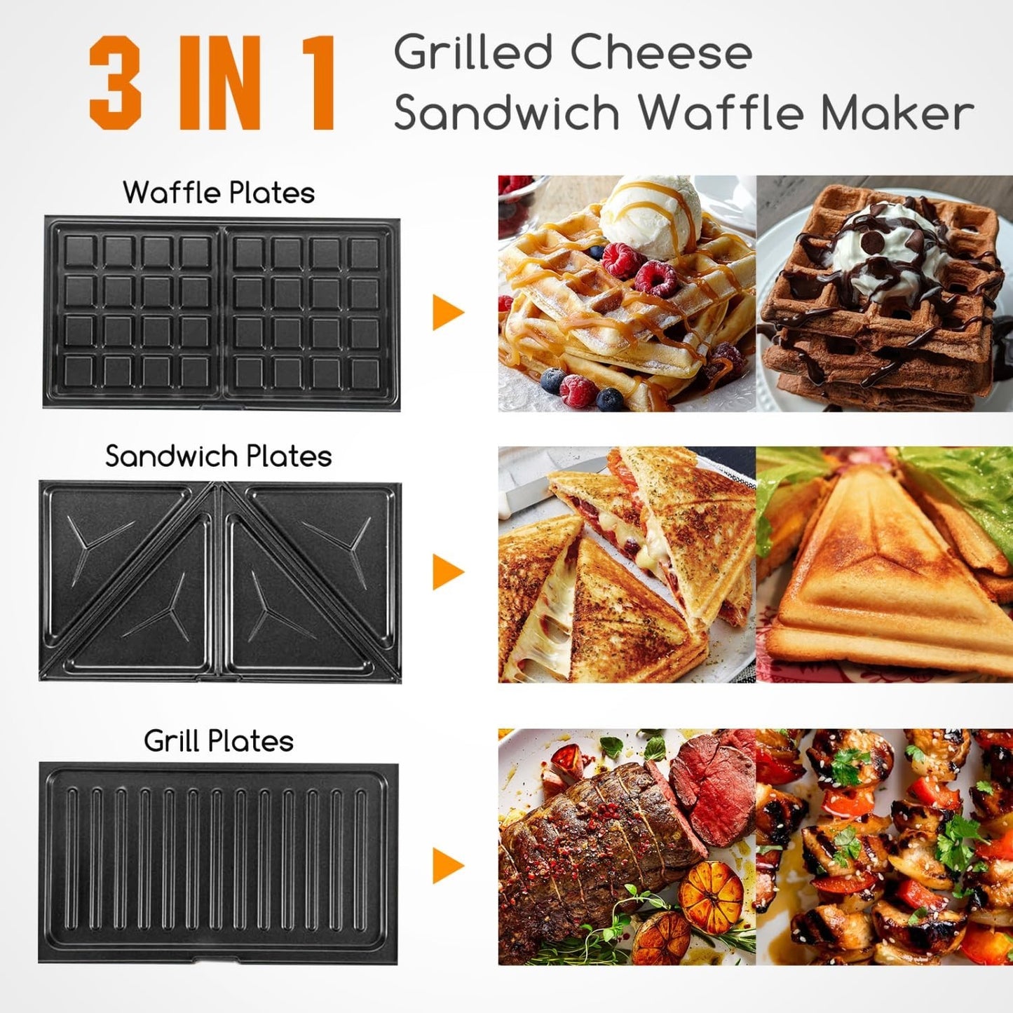 3-in-1 Electric Sandwich Maker & Panini Press with Non-Stick Plates, Waffle Make3