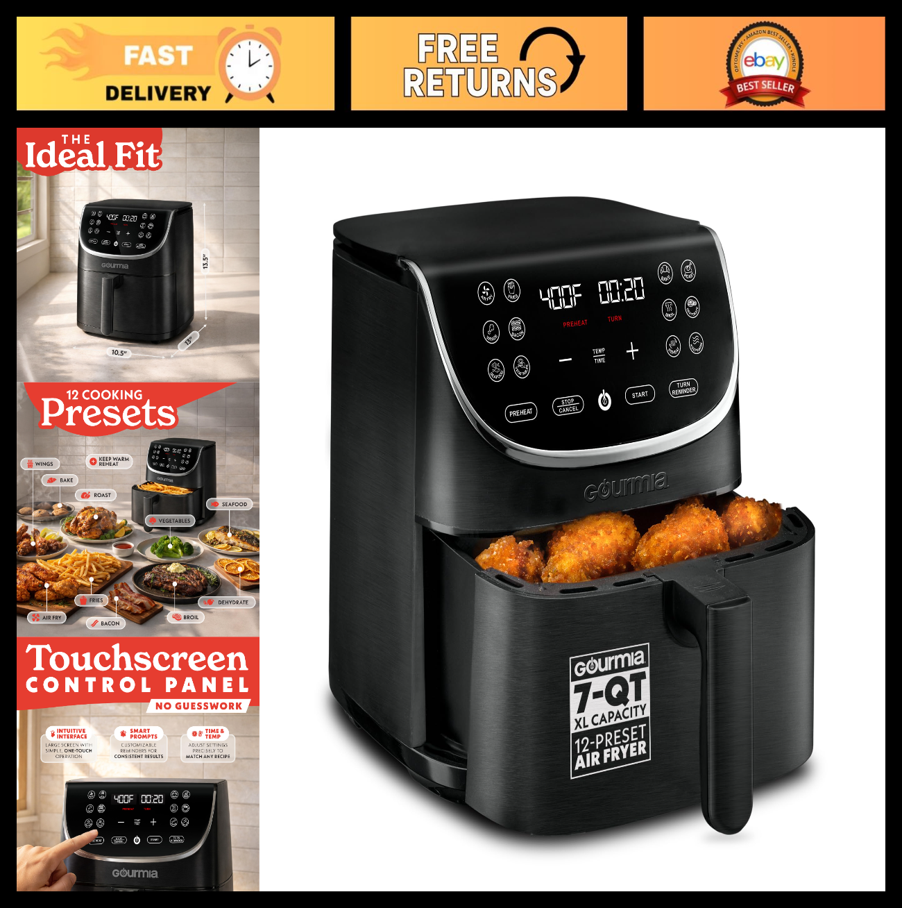 7 Qt Air Fryer with LED Display, 12 Presets, FryForce 360°, Nonstick Basket, Bla0