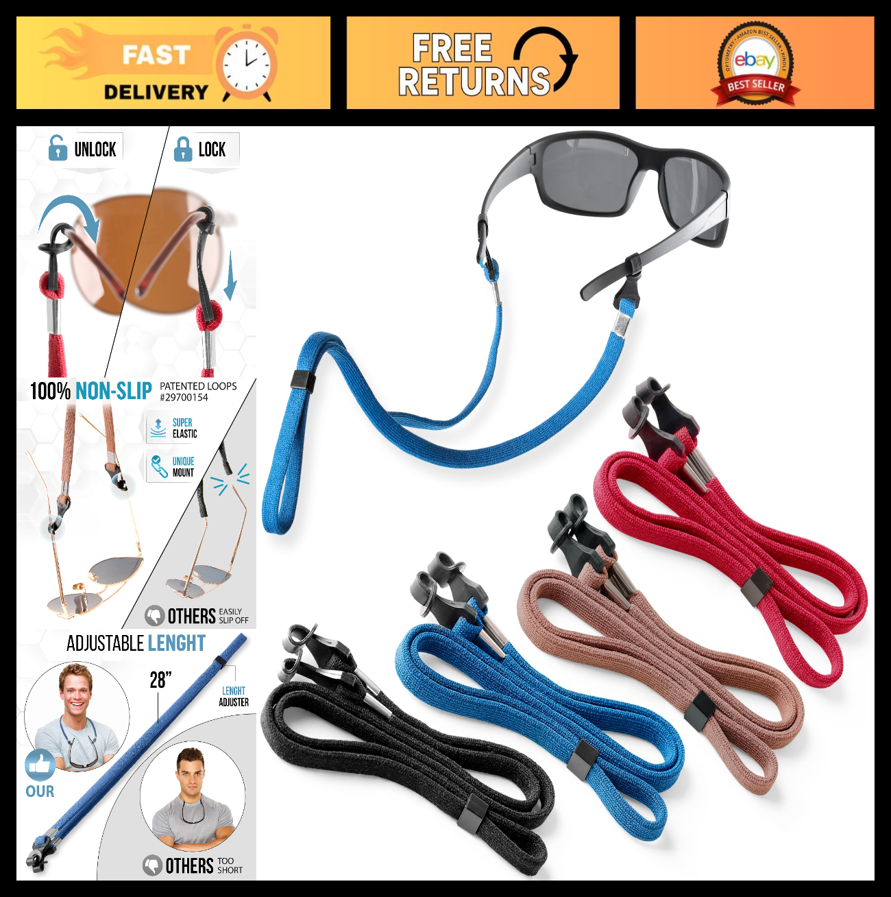 Premium Eyeglass Holder Straps - 4 Pack Adjustable Sunglass Chains for Men & Wom0