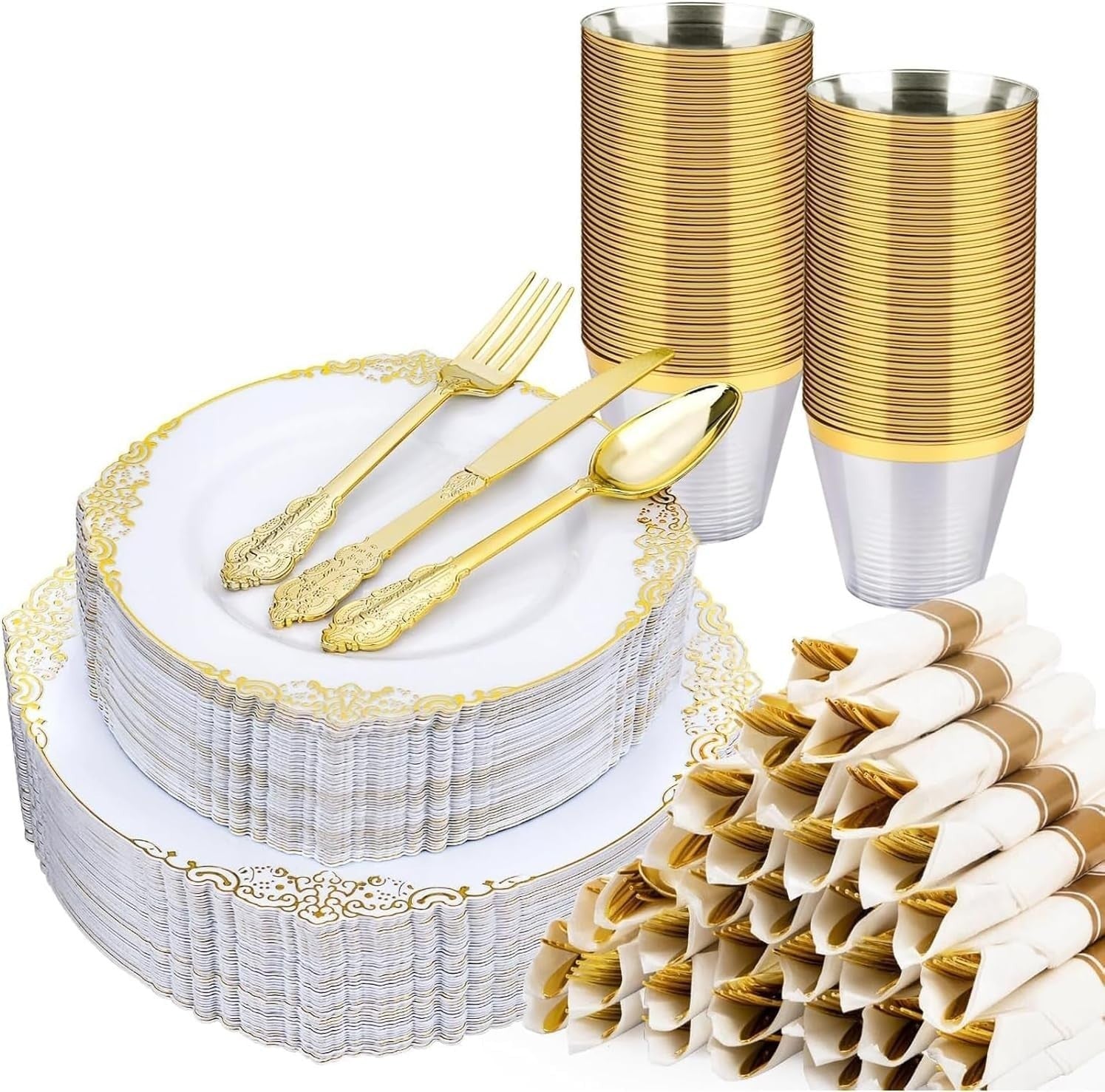350-Piece White & Gold Disposable Dinnerware Set for 50 Guests | Plates, Silverw1