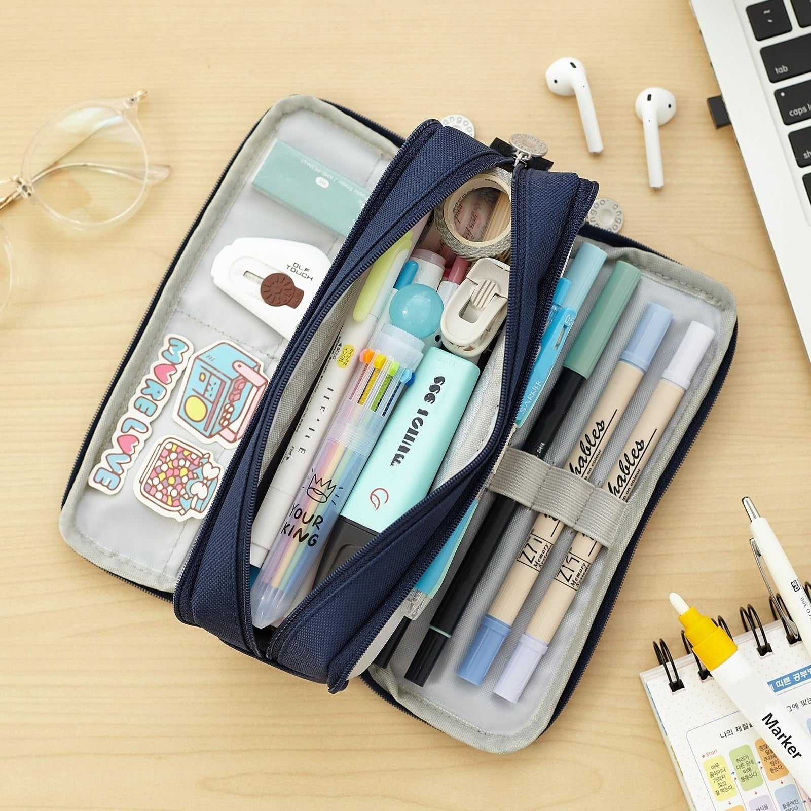 Large Capacity 3 Compartment Pencil Case Pouch Bag for School & Office   Navy6