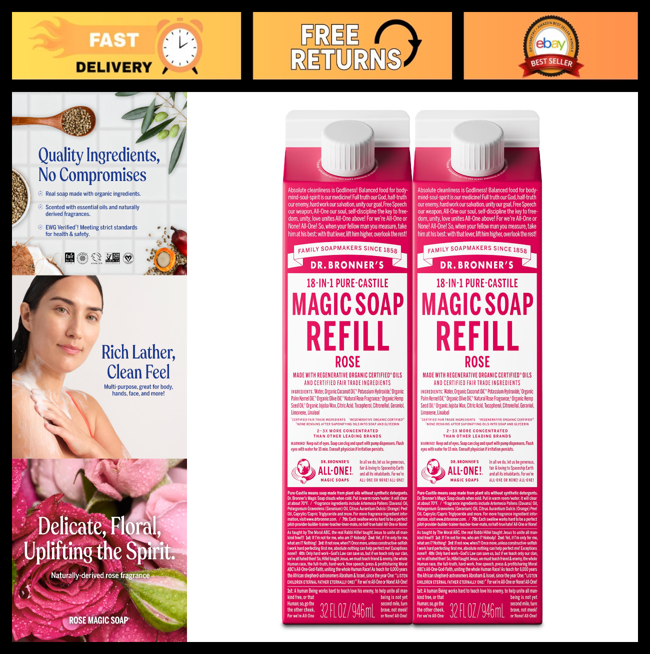 Pure Castile Liquid Soap Refill 32oz - Rose Scent, 2-Pack, Vegan, Organic, Multi0