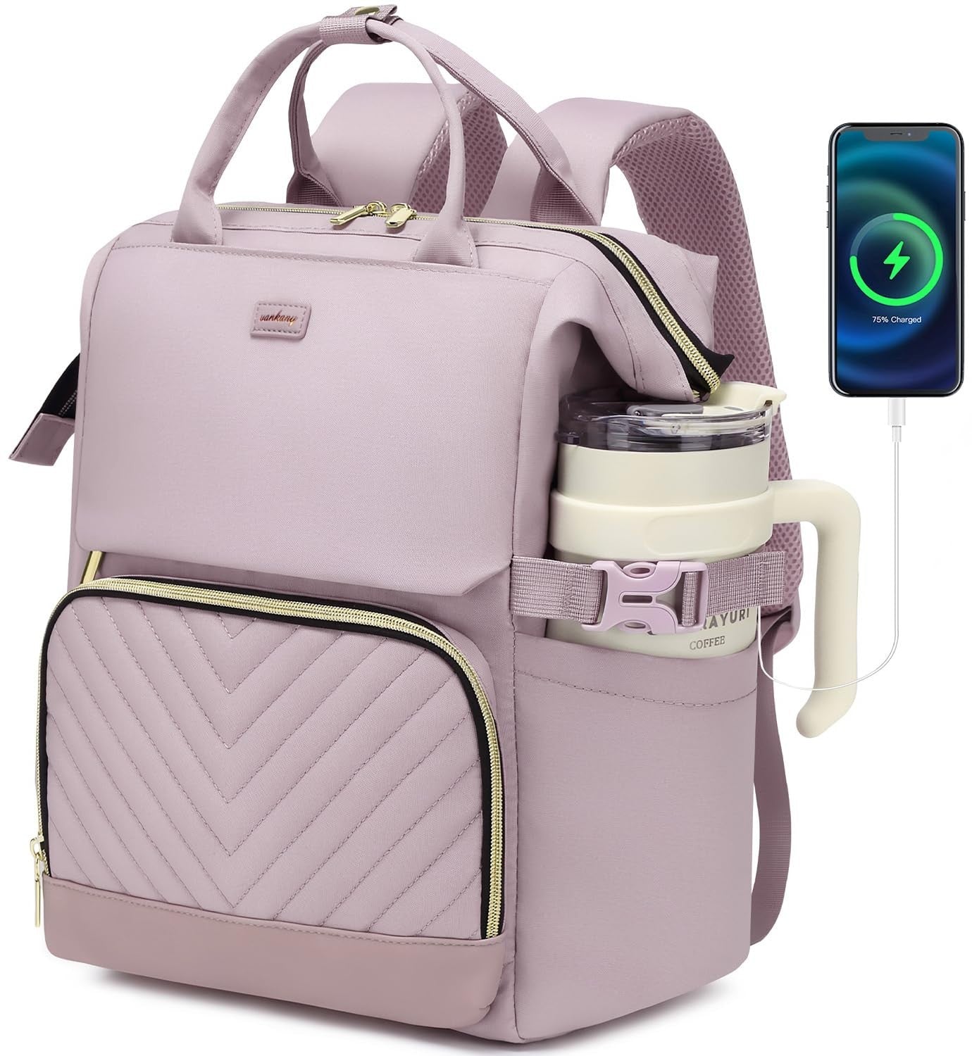 Stylish Laptop Backpack for Women   College Bookbag with USB Charger & Cup Holde1
