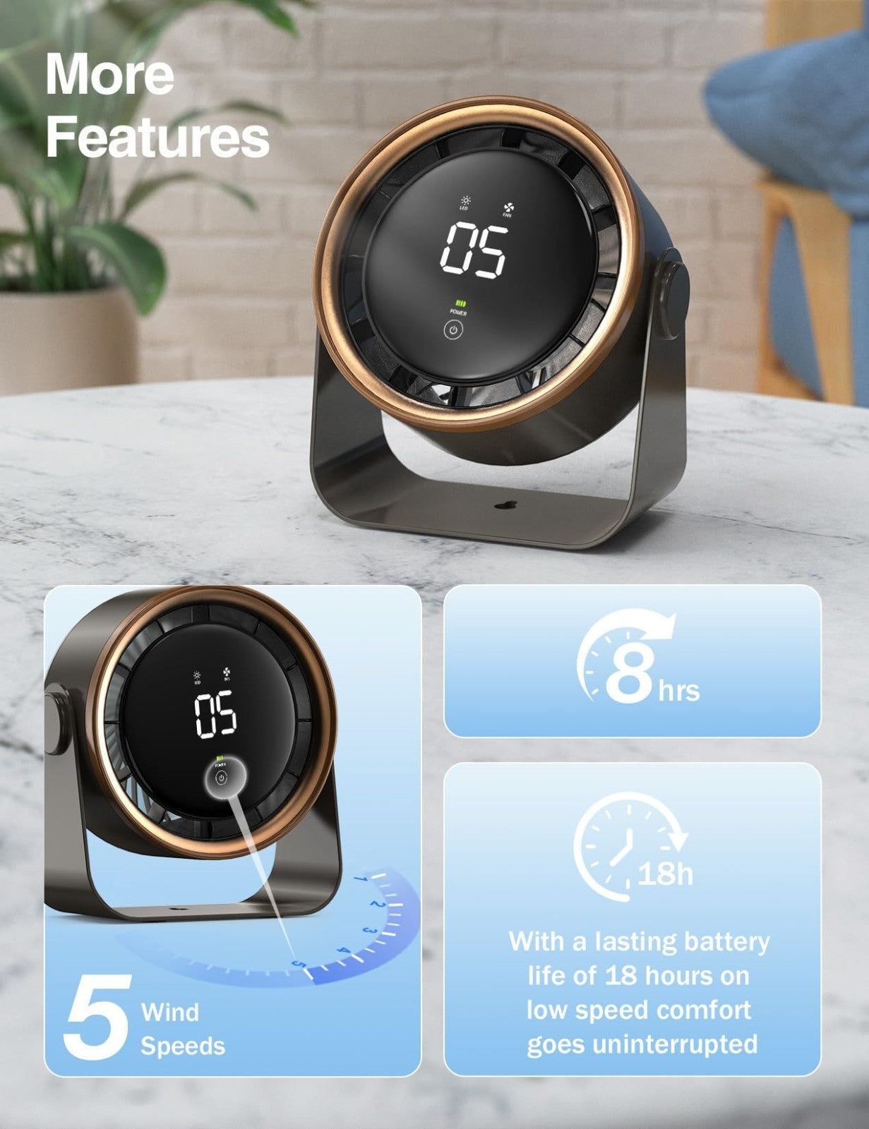 Ultra Quiet Small Desk Fan, Touch Control, Multi Speed Air Circulator, USB Recha6