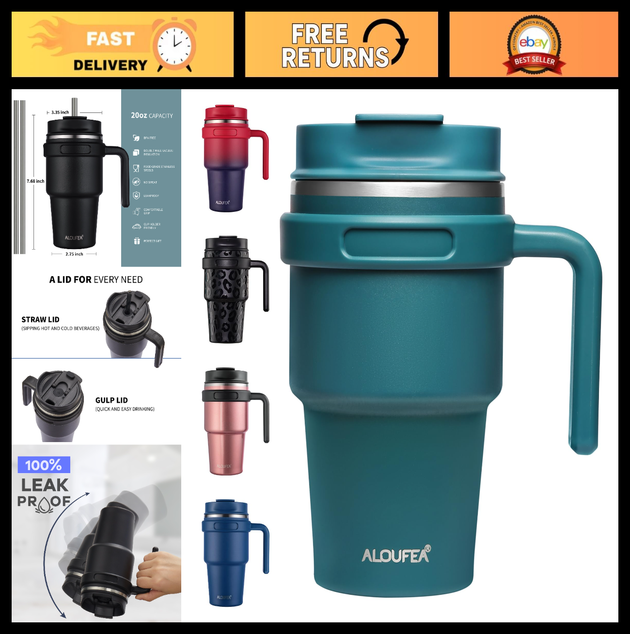Insulated 20 oz Coffee Mug with Handle   Stainless Steel Travel Tumbler, Lid & S0
