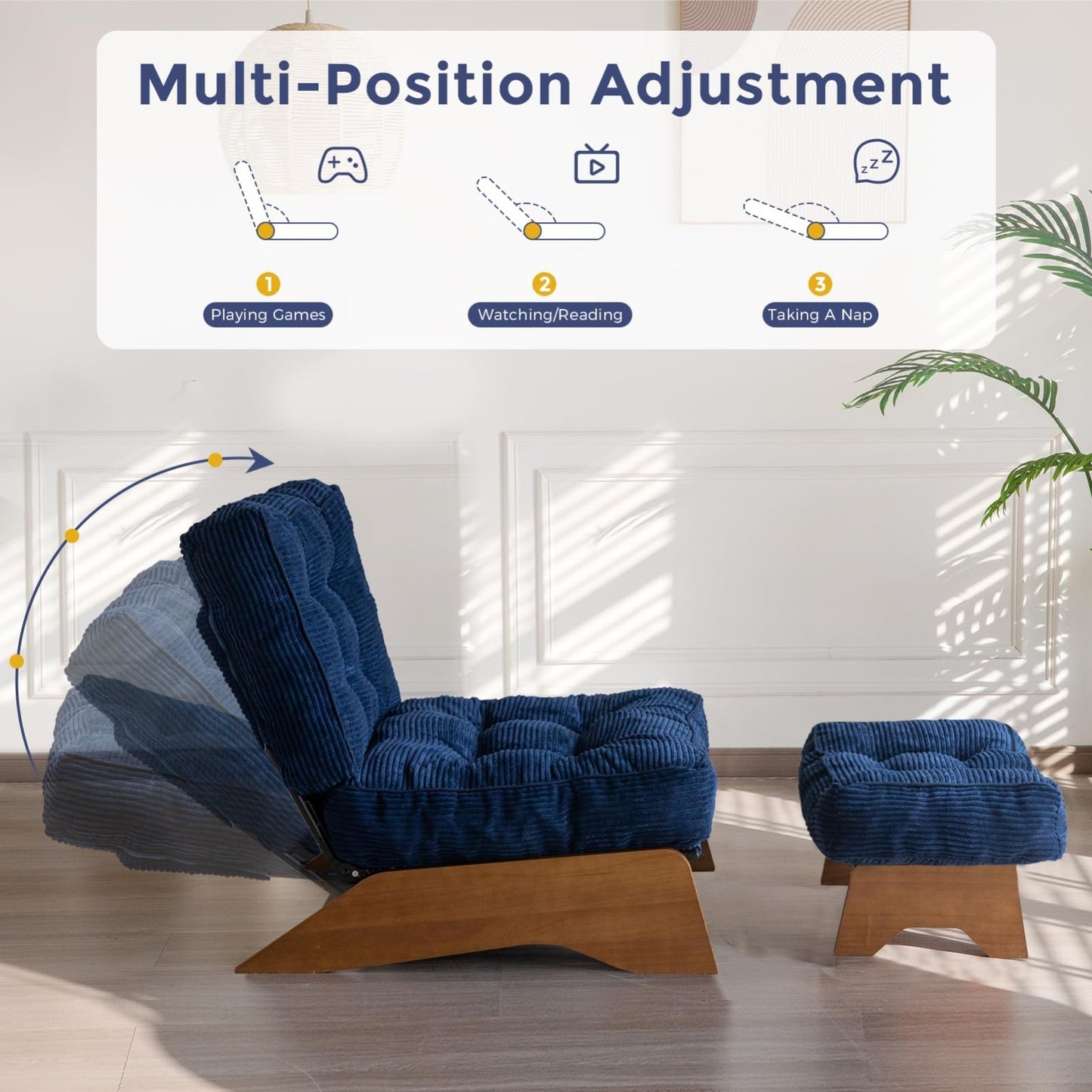 Cozy Adjustable Accent Chair with Ottoman, Tufted Upholstered Lounge Chair for L7