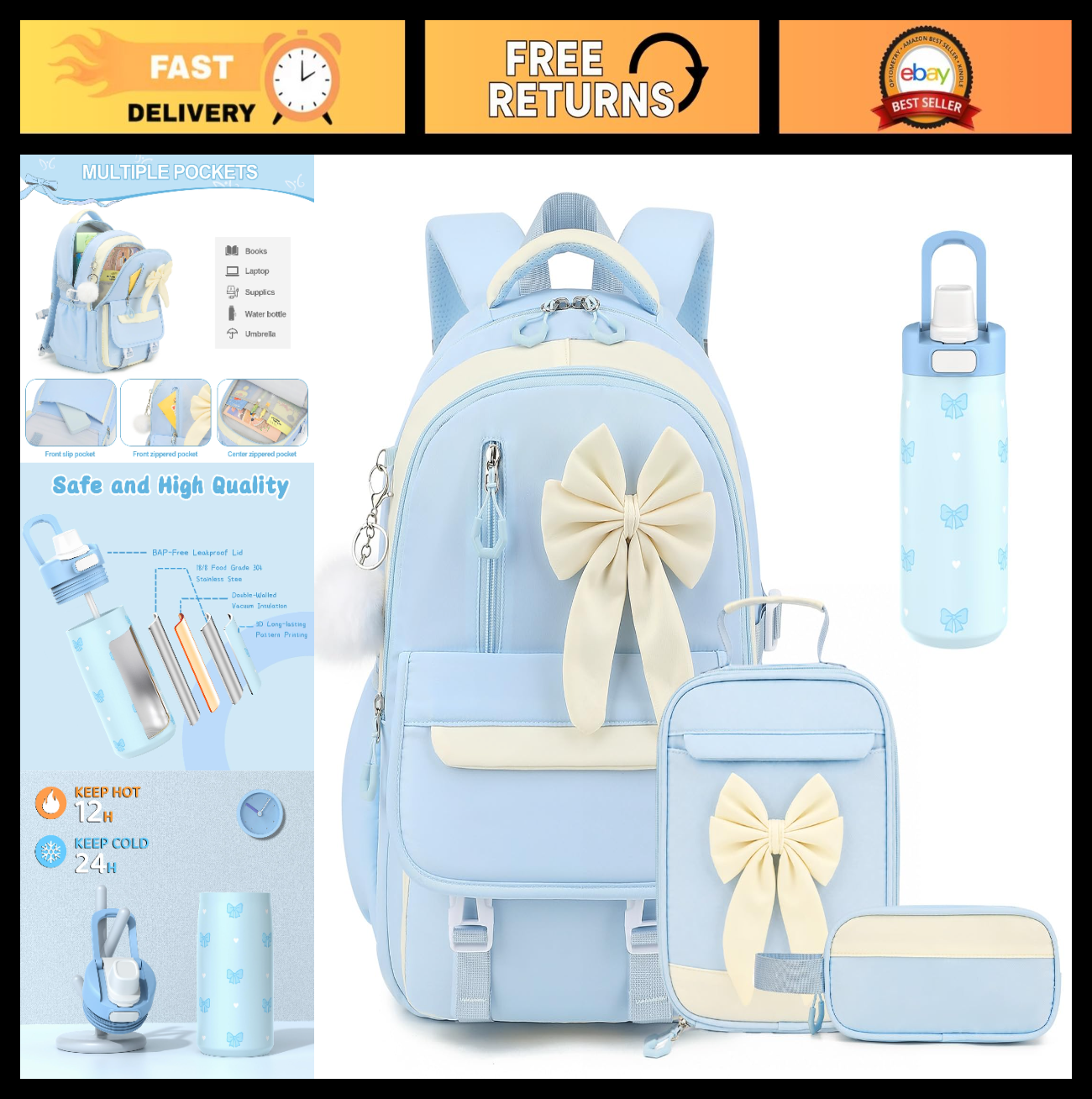 Girls Backpack Set 4PCS   Includes 14oz Water Bottle, Lunch Bag & Pencil Case0