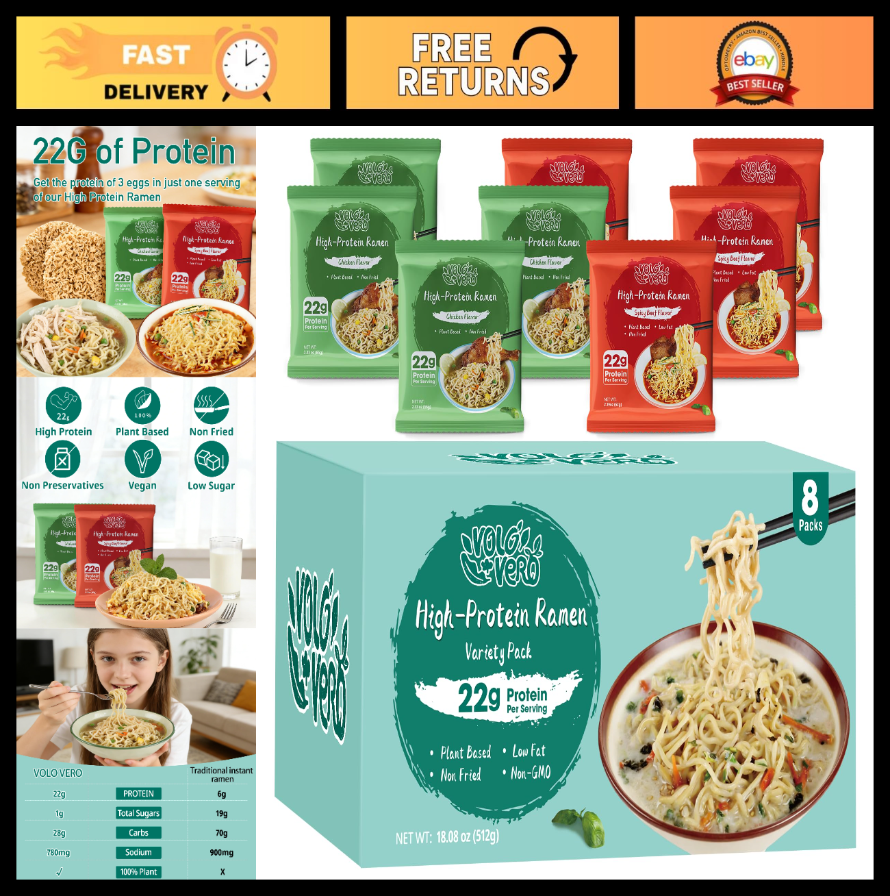 High Protein Vegan Ramen Noodles Variety Pack - 22g Plant Protein, 8 Pack, Low S0