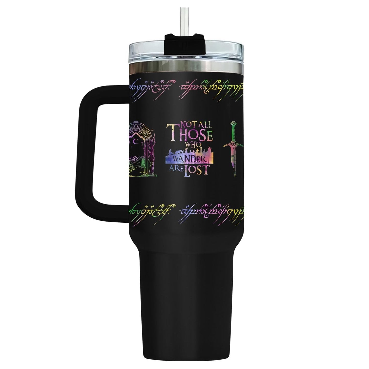 40oz Insulated Travel Mug with Handle & Straw   Fantasy Wanderer Tumbler, Bookis3
