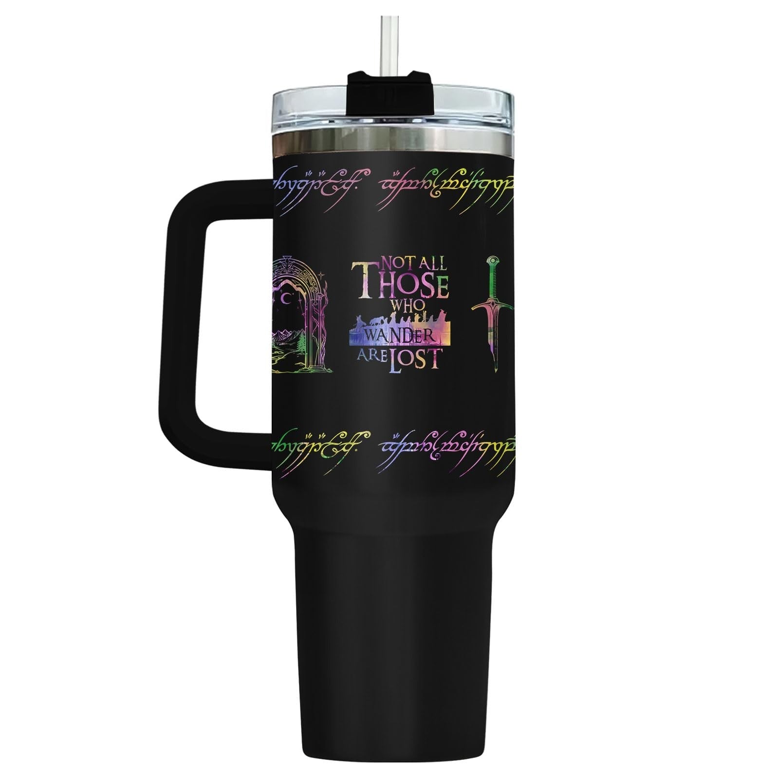 40oz Insulated Travel Mug with Handle & Straw   Fantasy Wanderer Tumbler, Bookis3
