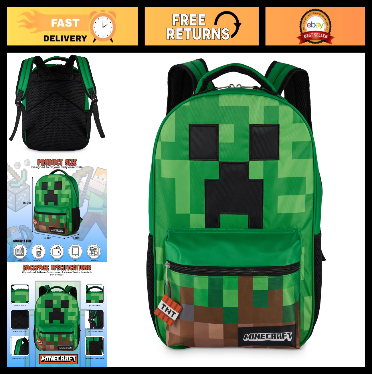 Minecraft Creeper Backpack for Kids, Big Face School Bag with Front Pocket & TNT0