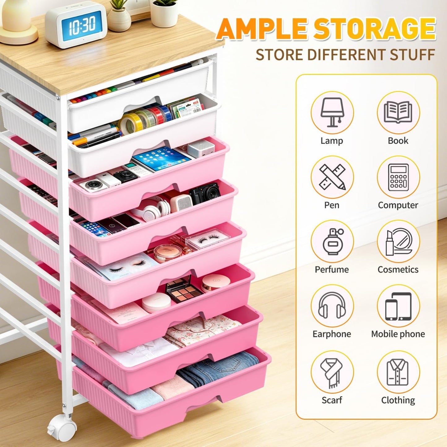 8 Drawer Rolling Storage Cart with Wooden Top & Lockable Wheels   Craft & Office6