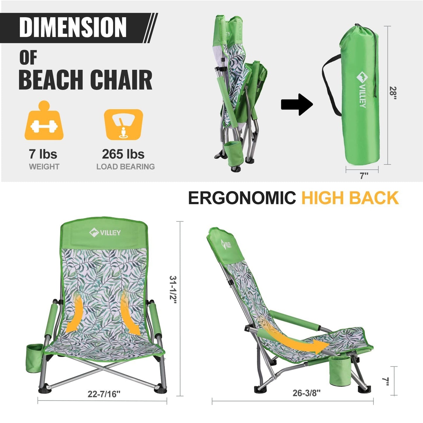 Lightweight Folding Beach Chairs - 2 Pack, High Back, Portable with Cup Holder,2