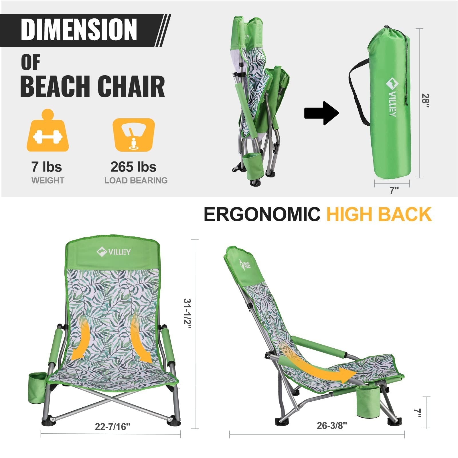 Lightweight Folding Beach Chairs - 2 Pack, High Back, Portable with Cup Holder,2