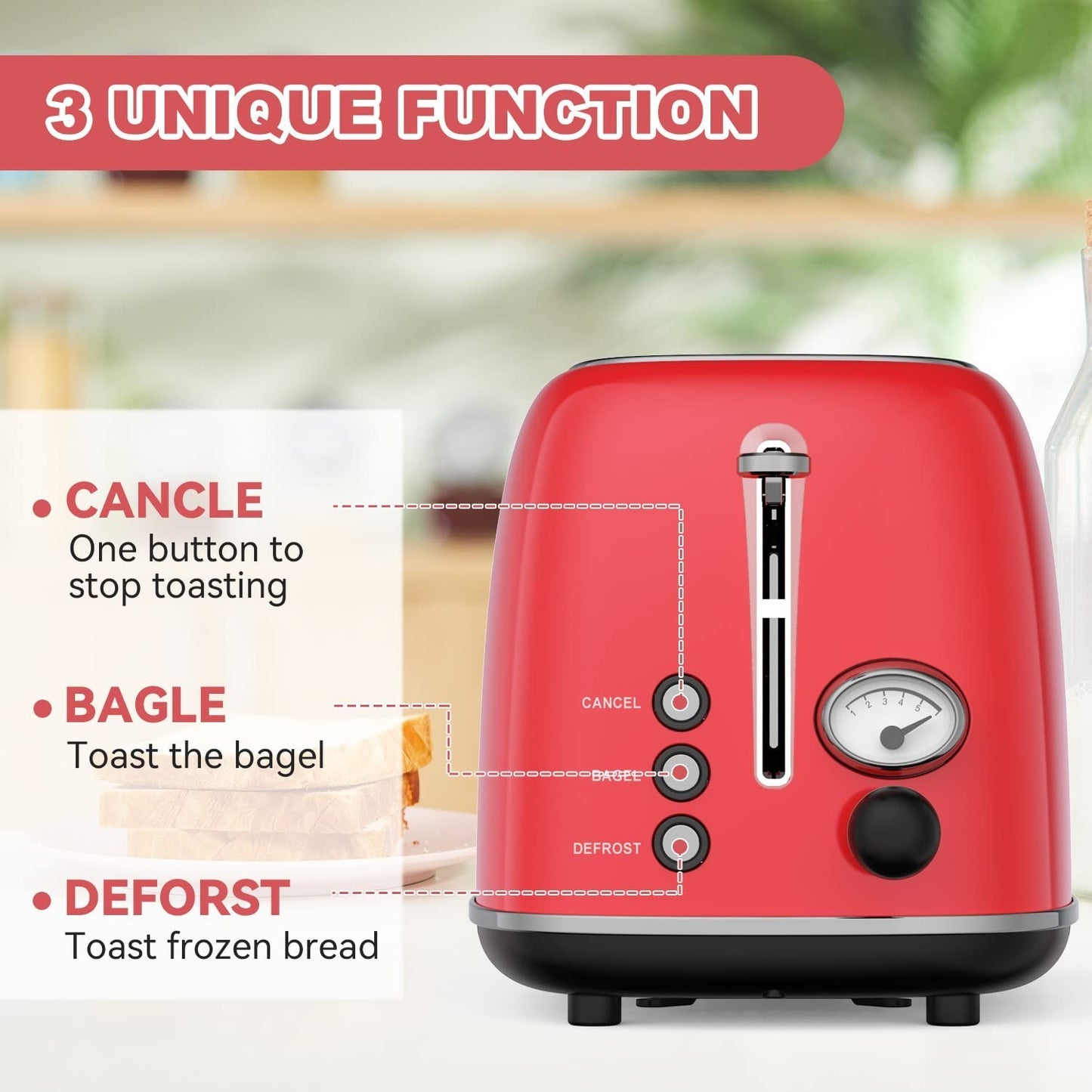 Retro Stainless Steel 2 Slice Toaster, 6 Settings, Extra Wide Slots, Bagel/Defro5