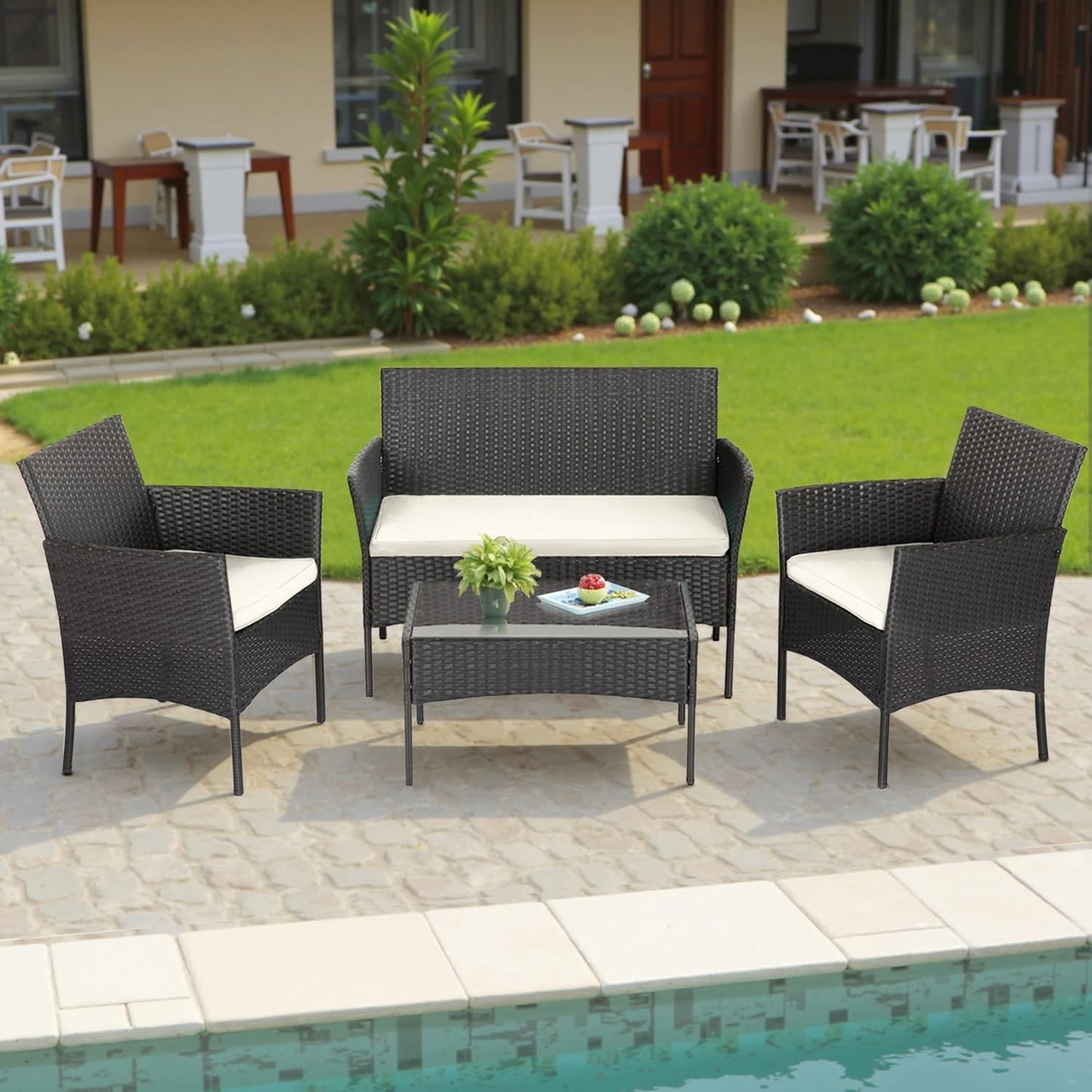4 Piece Outdoor Wicker Patio Furniture Set | Modern Rattan Chairs & Coffee Table2