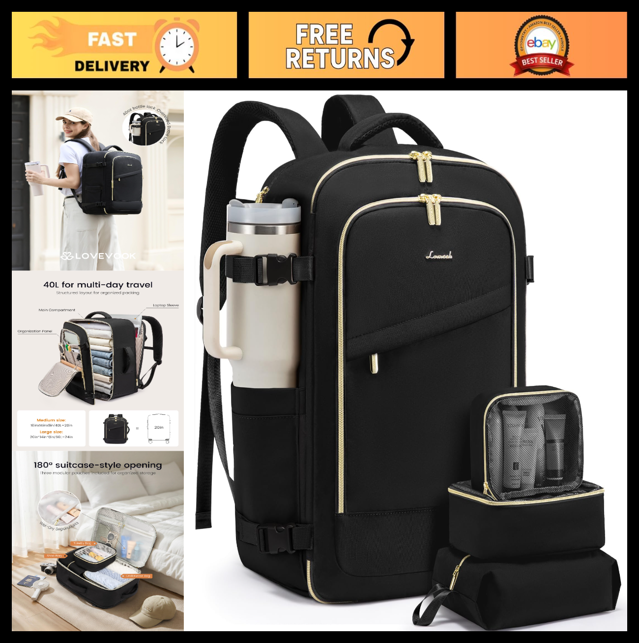 40L Travel Backpack for Women, TSA Approved Carry-On, Fits 17" Laptop, Waterproo0