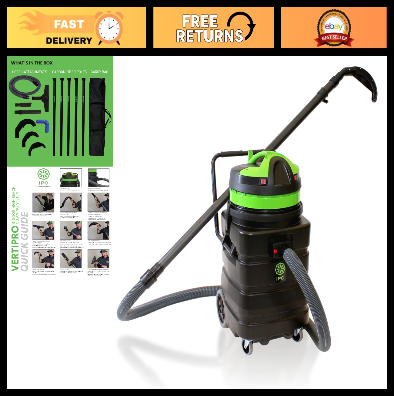 High Reach Indoor Wet/Dry Vacuum 1000W with Carbon Fiber Poles & 6 Attachments0