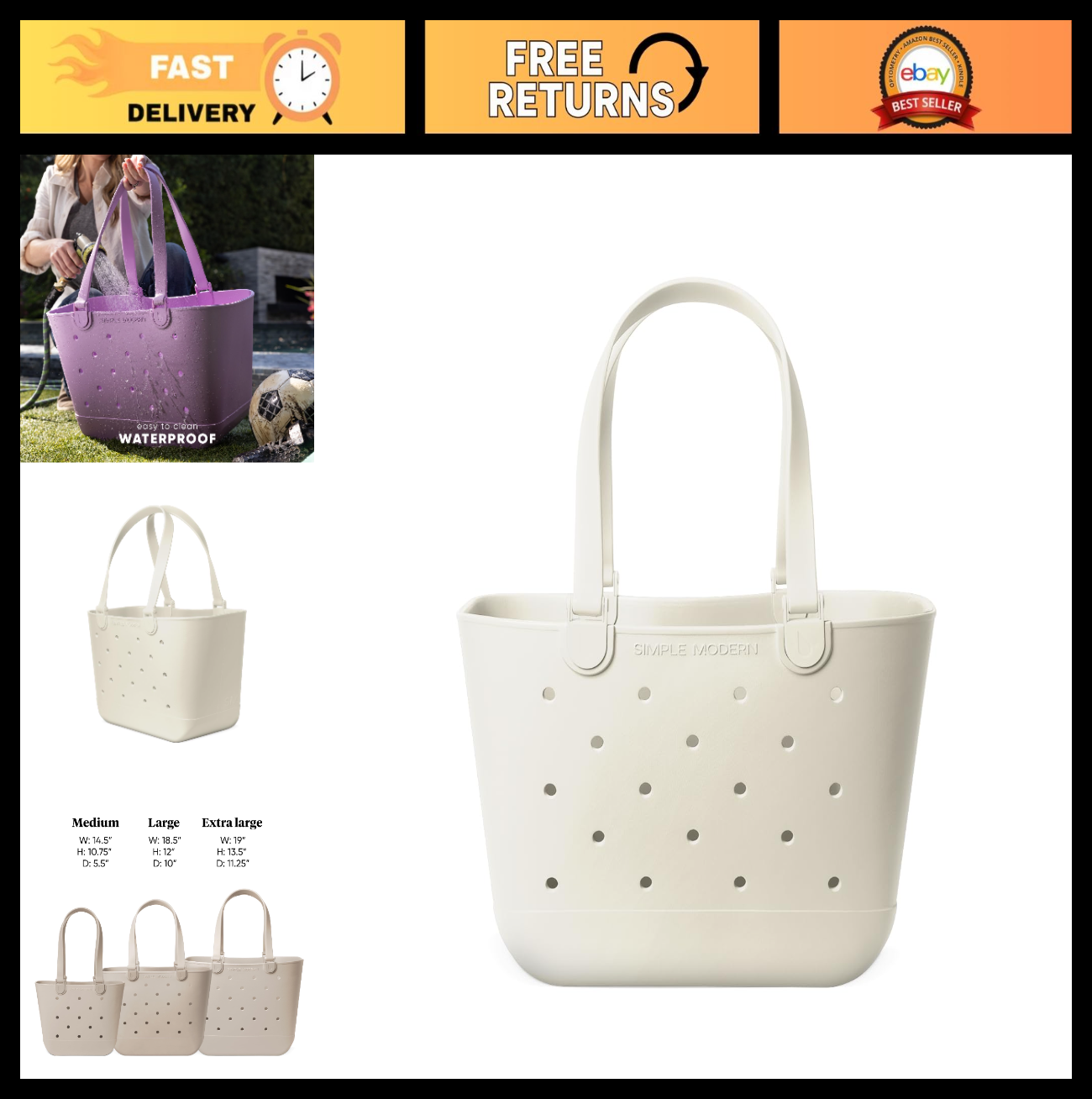 Large Waterproof Beach Tote Bag | Cream Getaway Bag with Zipper Pocket | Travel0