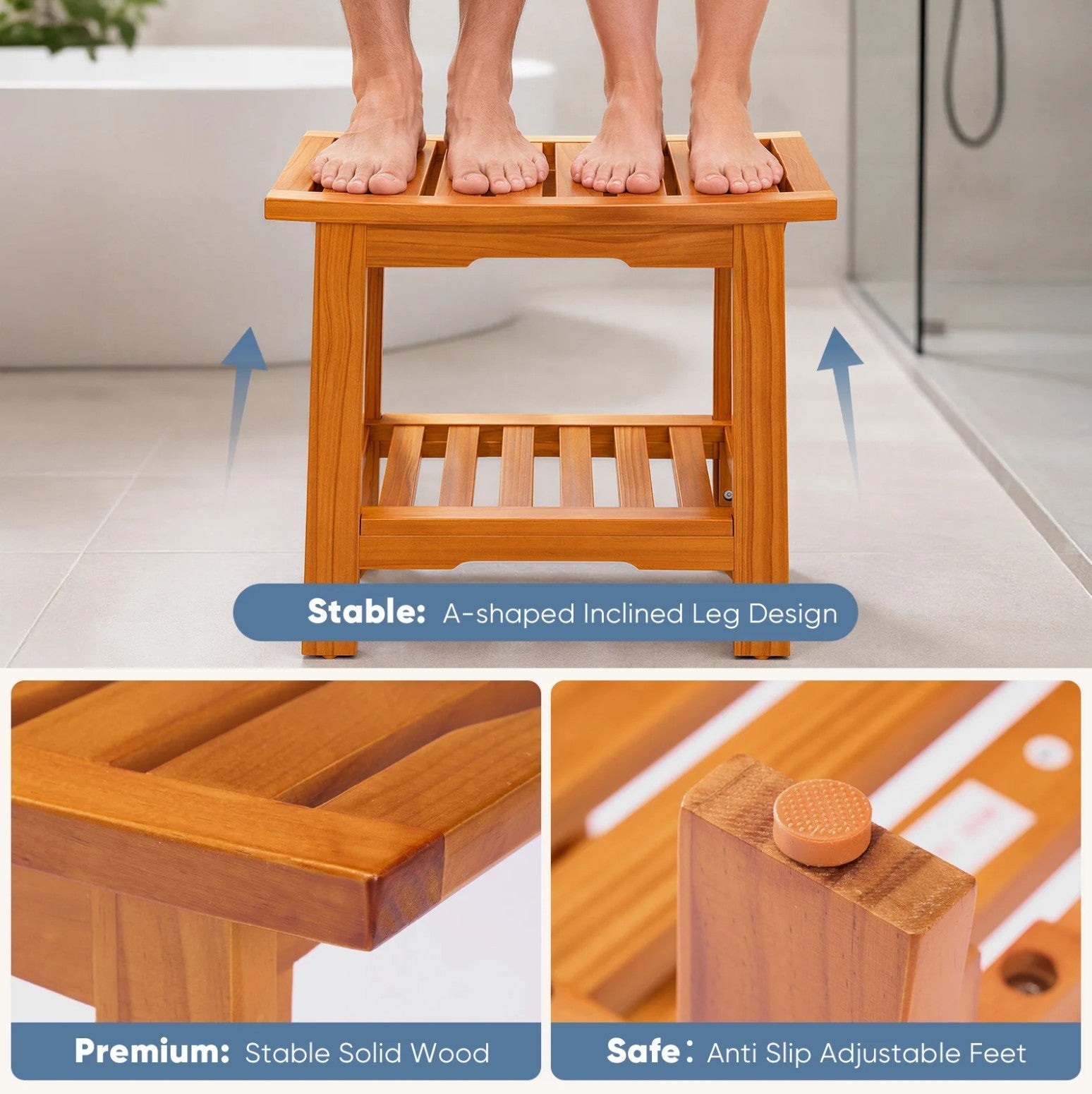 Wooden Shower Stool 18IN/14IN Waterproof Bench with Storage Shelf & Handles, 3003