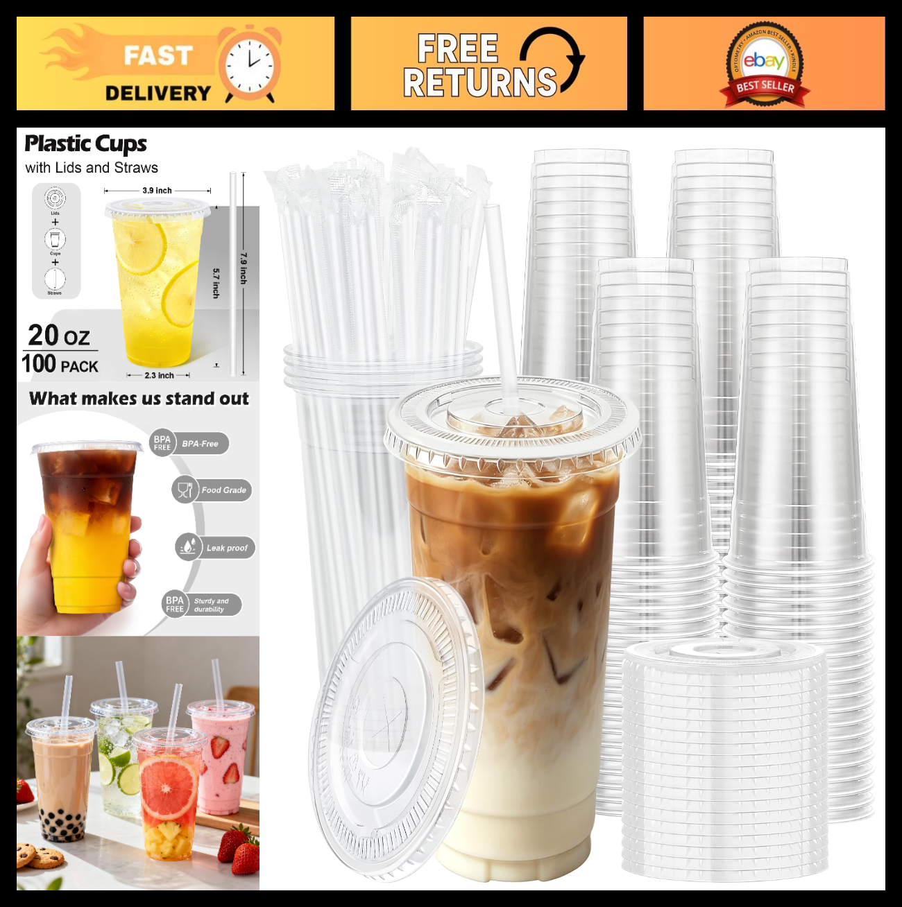 100 Pack 20 oz Clear Plastic Cups with Lids & Straws | Disposable Cold Cups for0