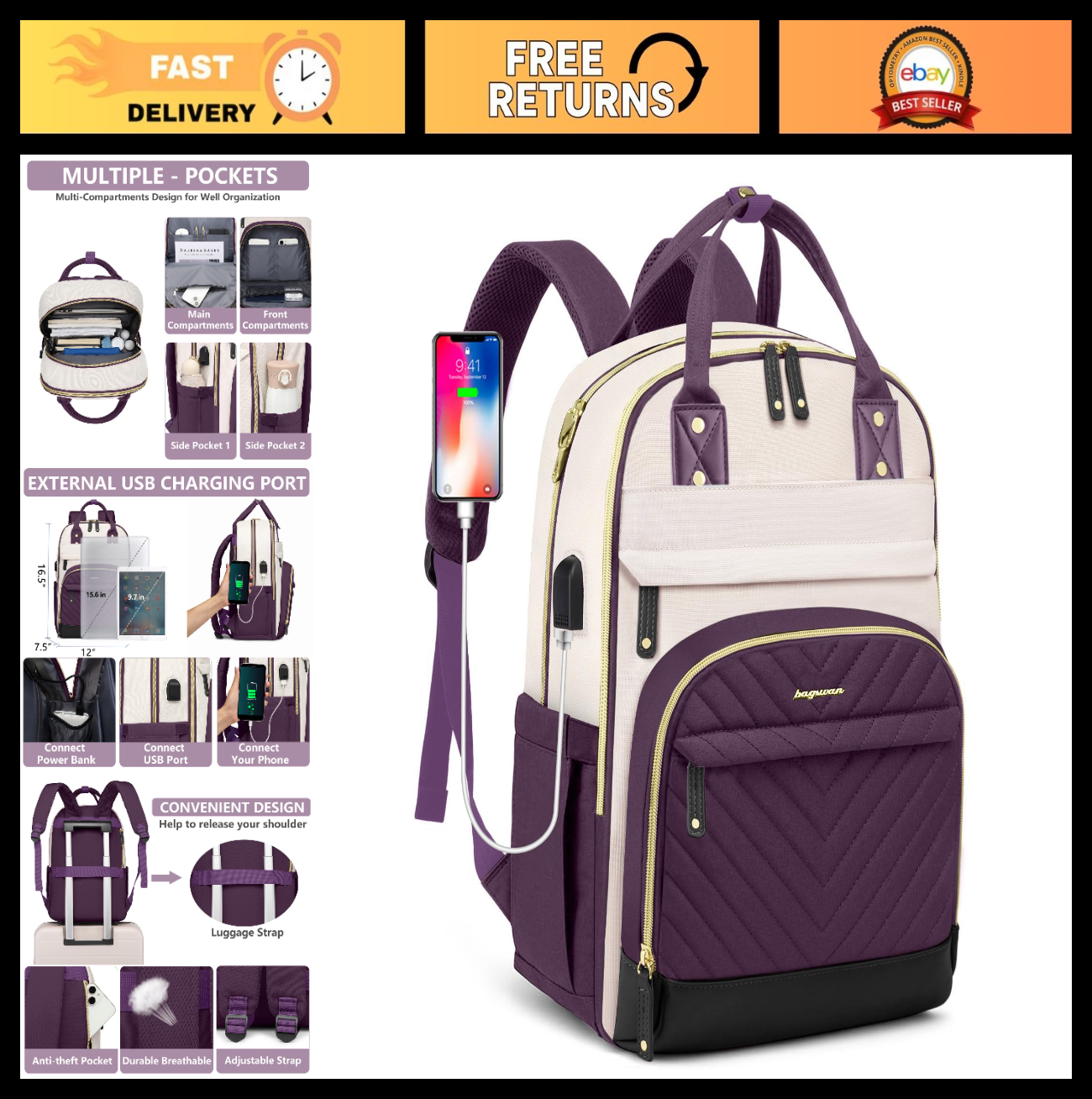 Stylish 15.6" Laptop Backpack for Women   Waterproof USB Charging College Bag, A0