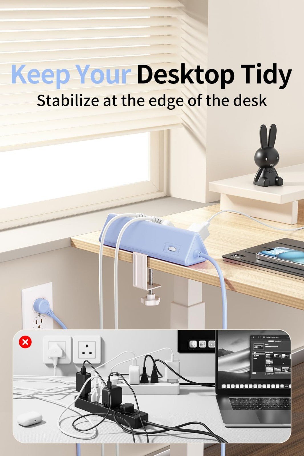 6.5FT Desk Clamp Power Strip   5 AC Outlets, 6 USB Ports, PD 40W Fast Charging3