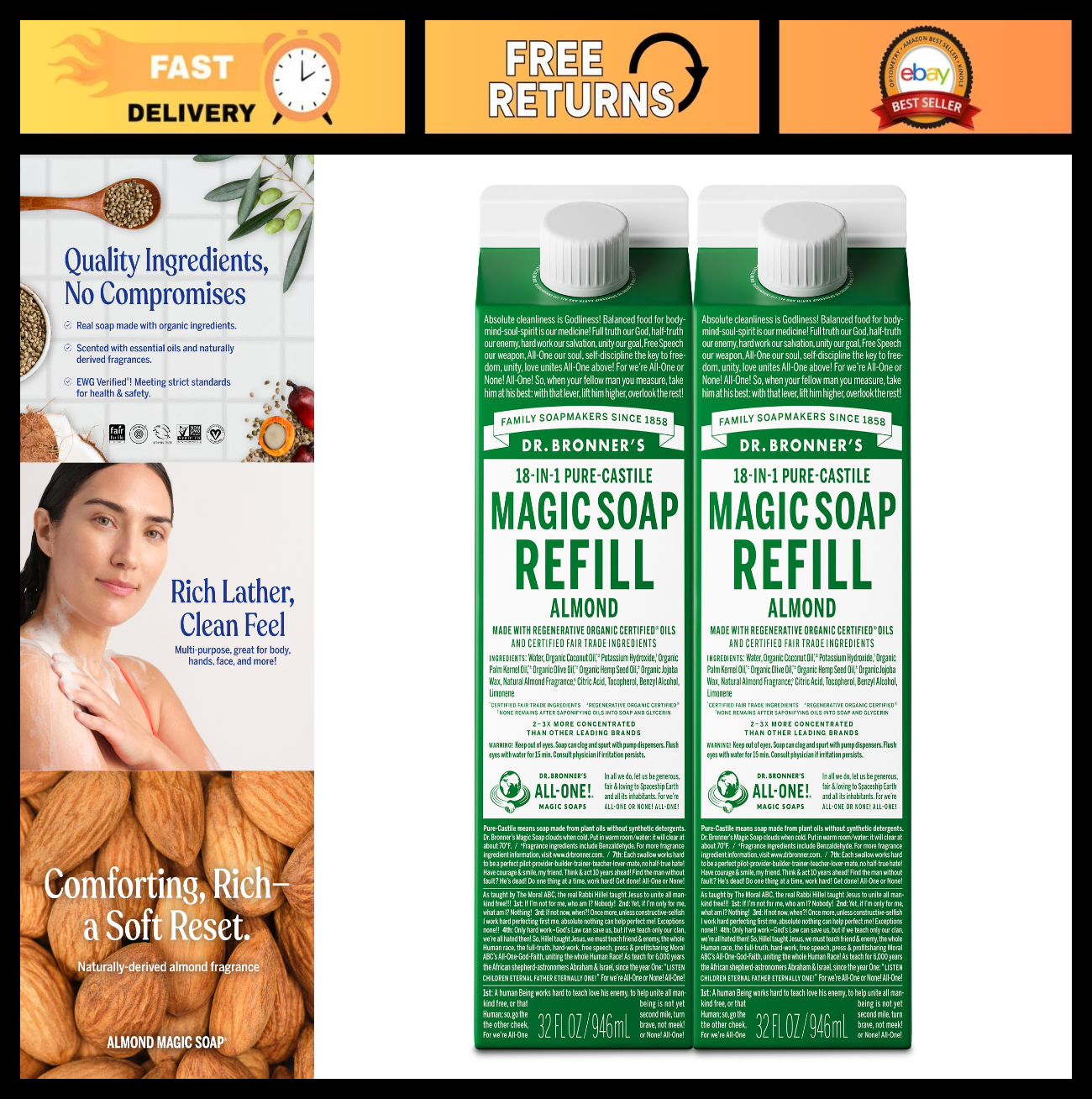 Pure-Castile Liquid Soap Refill - 18-in-1 Uses, Vegan, Almond Scent, 32oz, 2-Pac0