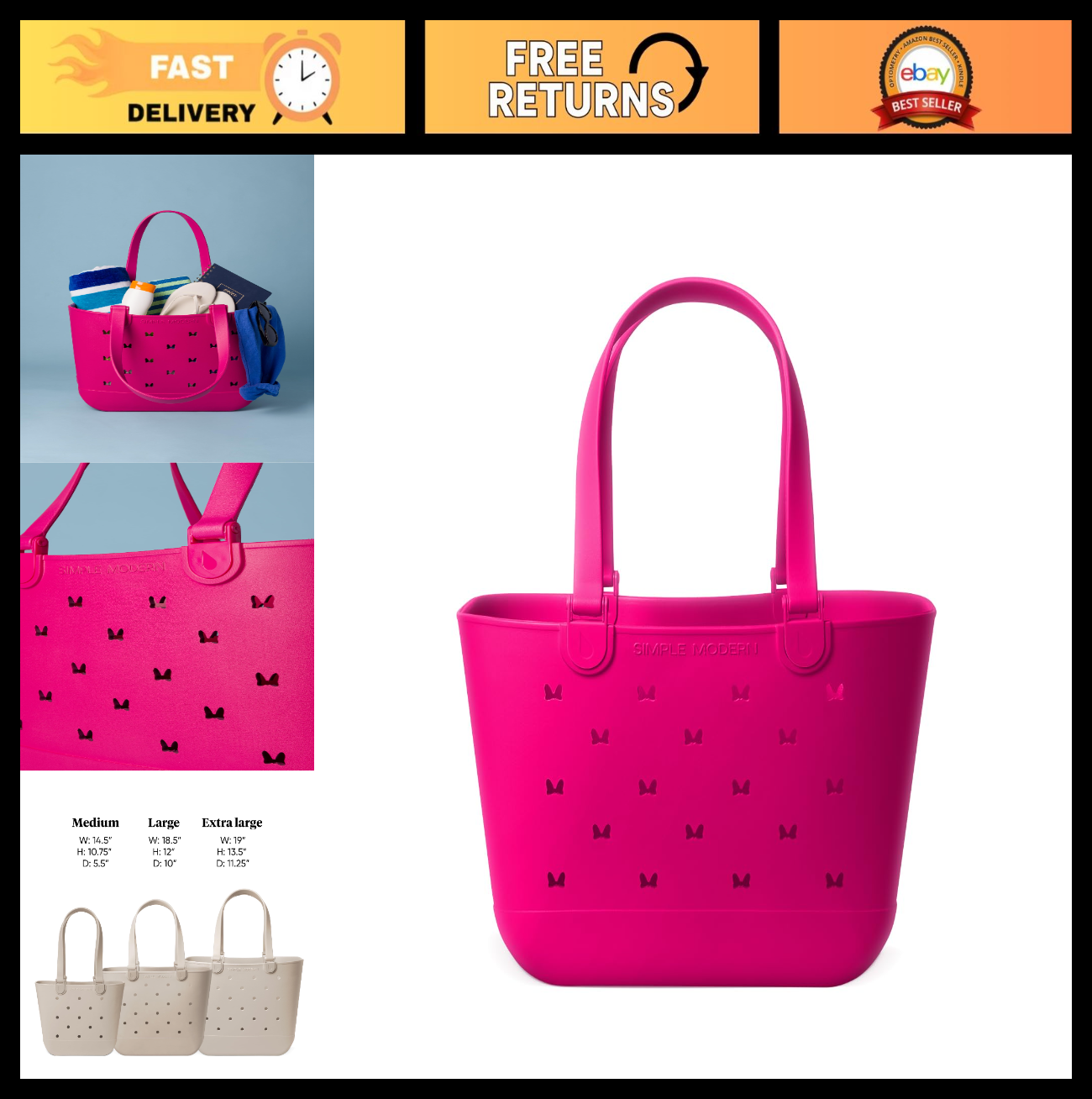 Large Waterproof Beach Bag Tote - Minnie Mouse Design, Zipper Pocket, Travel & P0