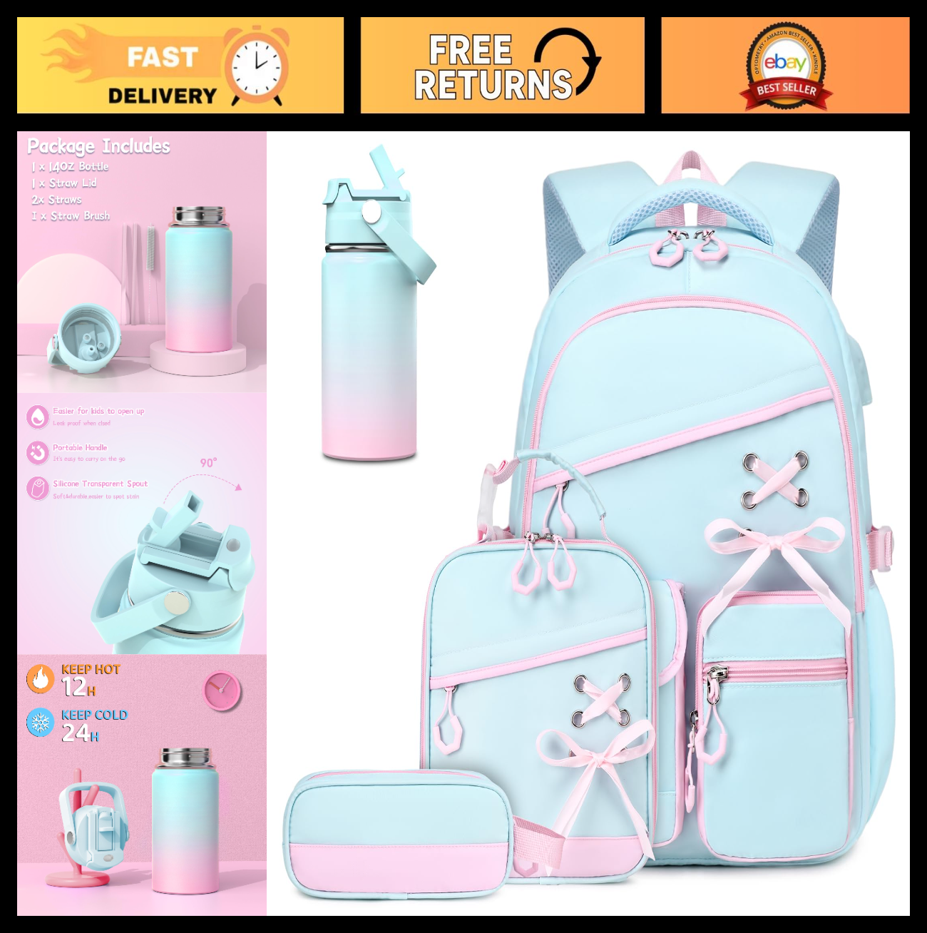 Girls School Backpacks Set   6PCS with Insulated Water Bottle, Lunch Bag & Penci0