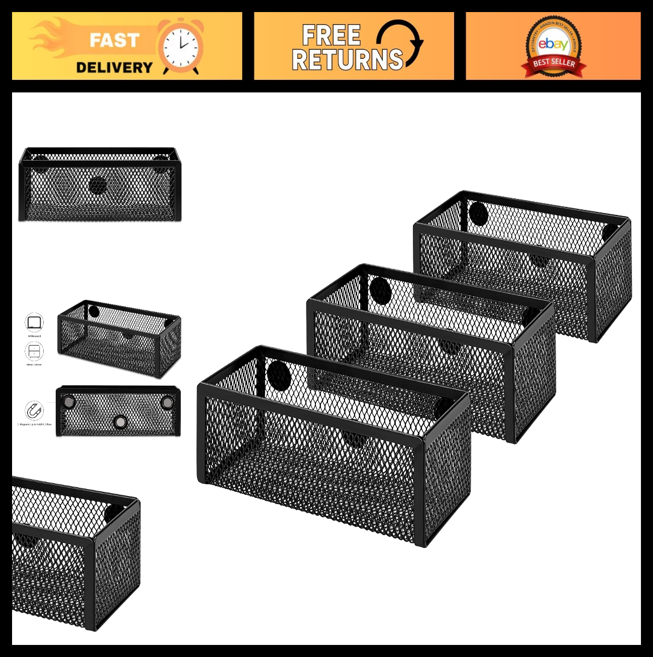 Magnetic Mesh Storage Baskets for Office Supplies   3 Pack, Black, 6"x2.5"x2.20