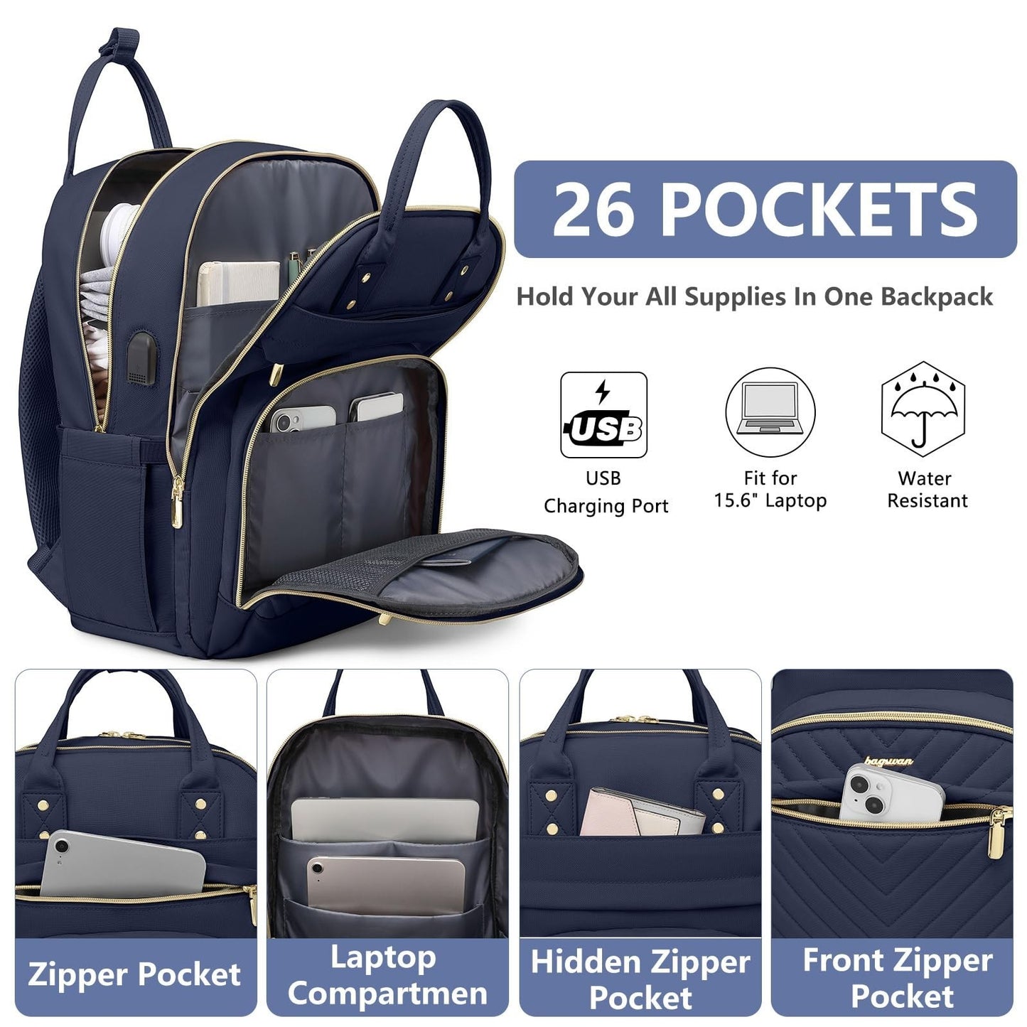 Stylish 15.6" Laptop Backpack for Women   Waterproof Travel Bag with USB Charger2