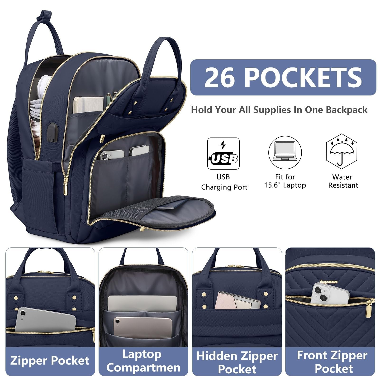 Stylish 15.6" Laptop Backpack for Women   Waterproof Travel Bag with USB Charger2