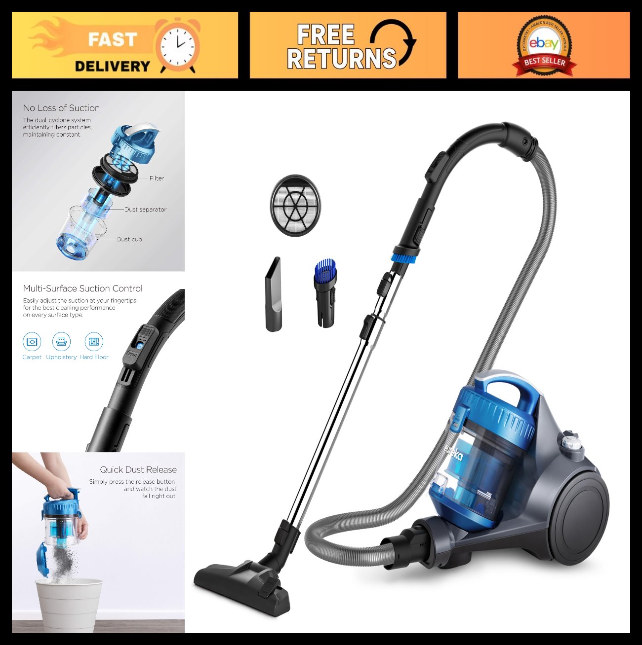Lightweight Bagless Canister Vacuum Cleaner - Powerful Suction, HEPA Filter, 2-i0