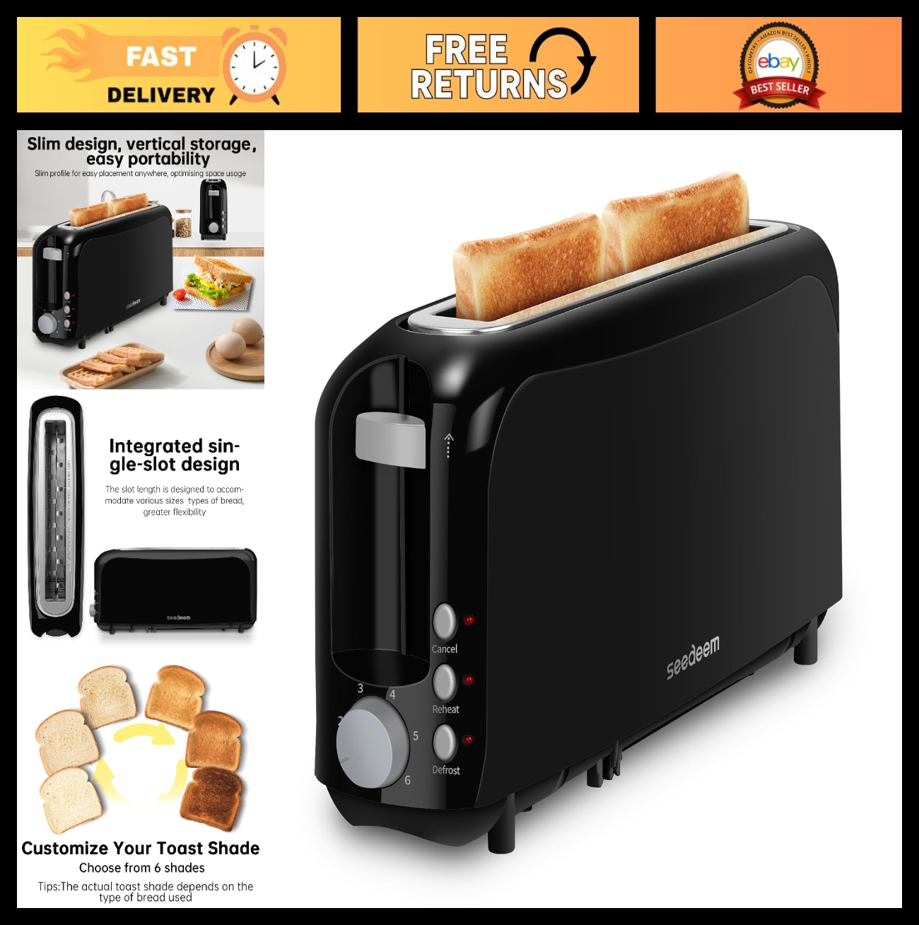 Slim 2-Slice Toaster with Long Slot for Bagels & Artisan Bread, 6 Shade Settings0