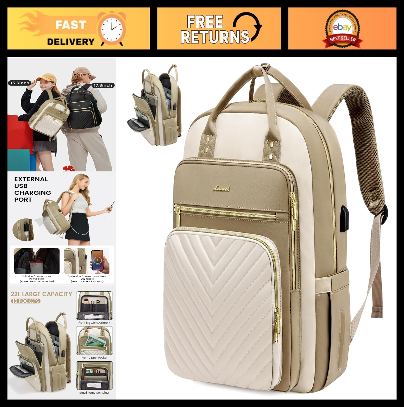 Large Capacity 15.6" Laptop Backpack for Women, Waterproof Travel Day Pack, Khak0