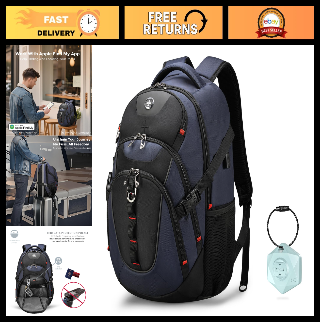 Travel Backpack for Men, RFID Protection, USB Charging, Apple Find My, Add A Bag0